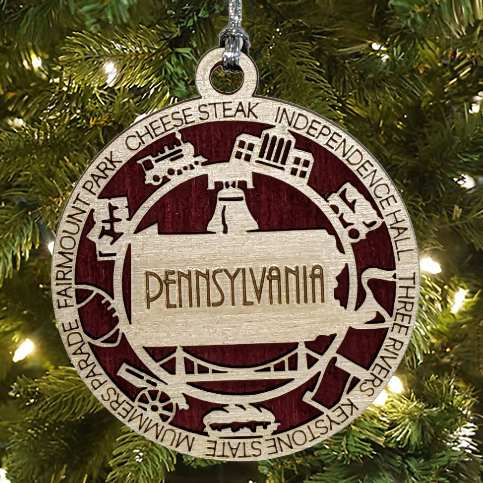 Pennsylvania State Pride 3D Wood Laser Cut Ornament: Featuring Iconic Pennsylvania Symbols and Custom Background Colors