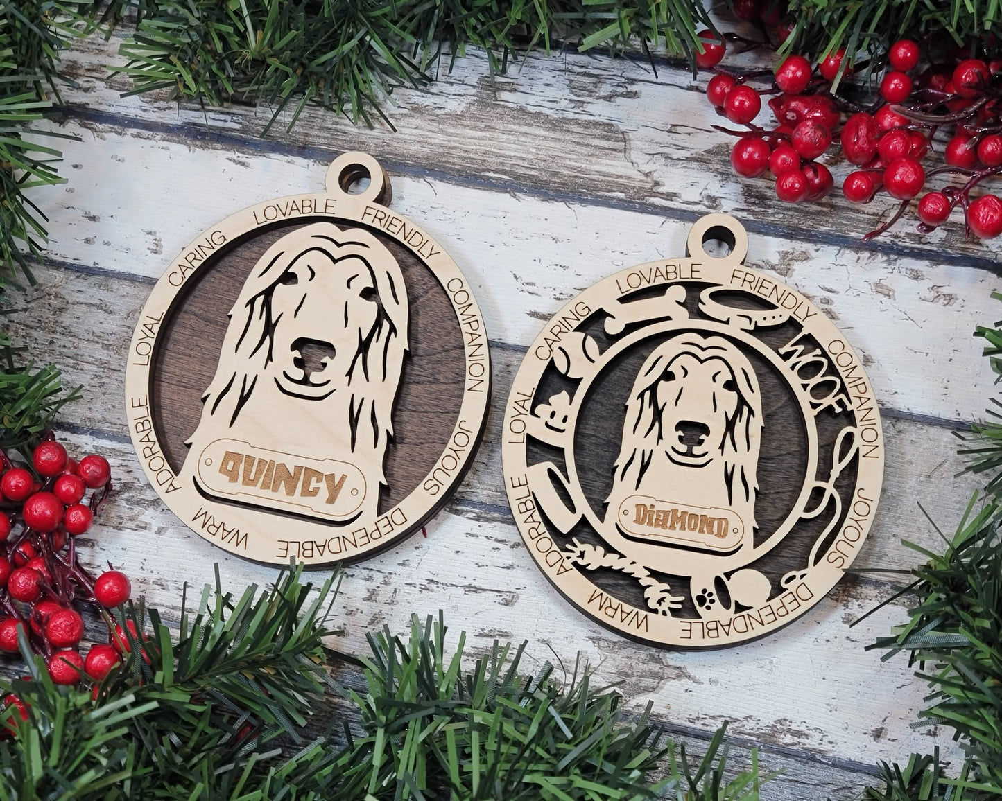 Personalized Afghan Hound Dog Christmas Ornament, 3" Round Laser Cut, 2-Layer Wooden Design, Customizable Name Tag & Text, Handcrafted in USA, Natural Wood & Colorful Background Options