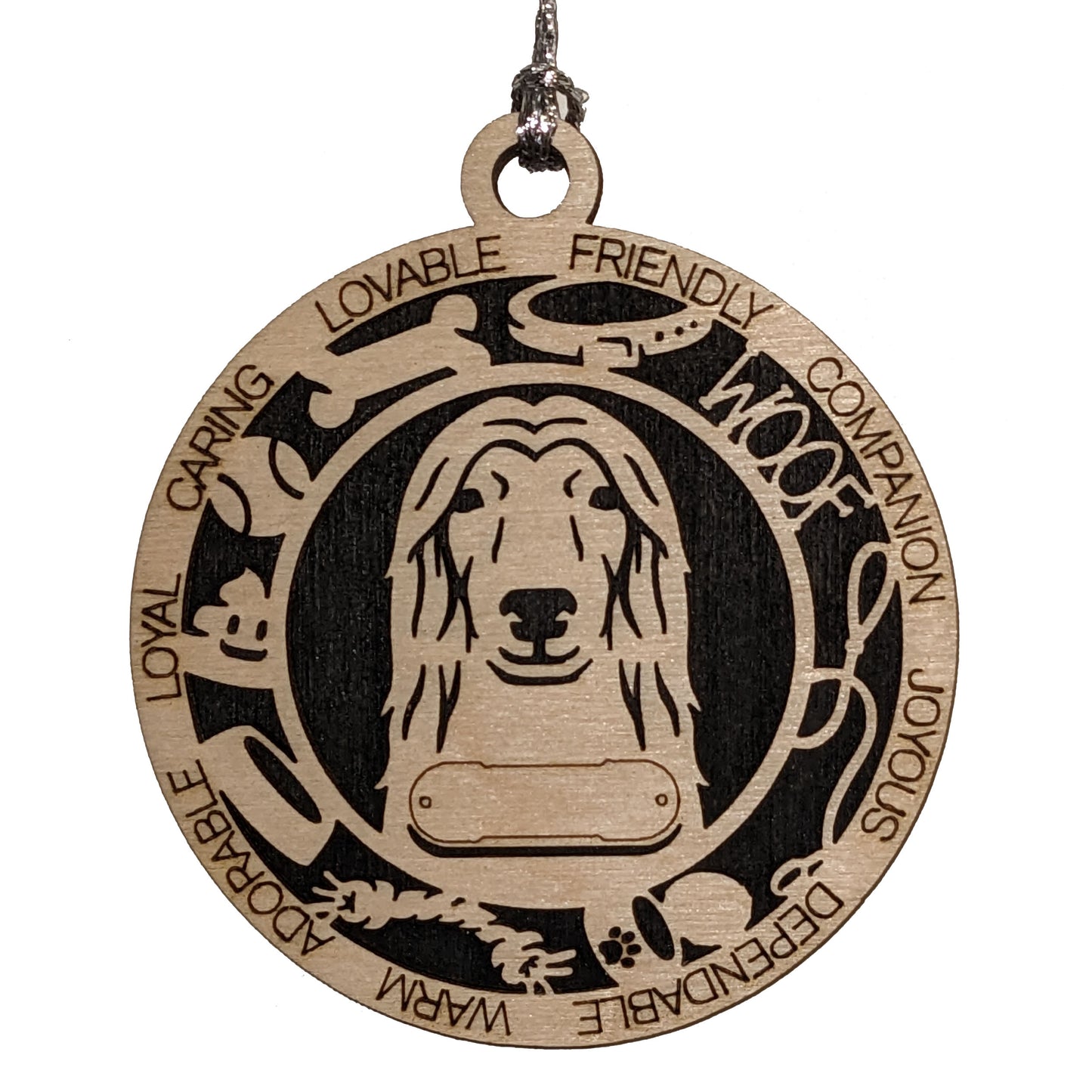 Personalized Afghan Hound Dog Christmas Ornament, 3" Round Laser Cut, 2-Layer Wooden Design, Customizable Name Tag & Text, Handcrafted in USA, Natural Wood & Colorful Background Options
