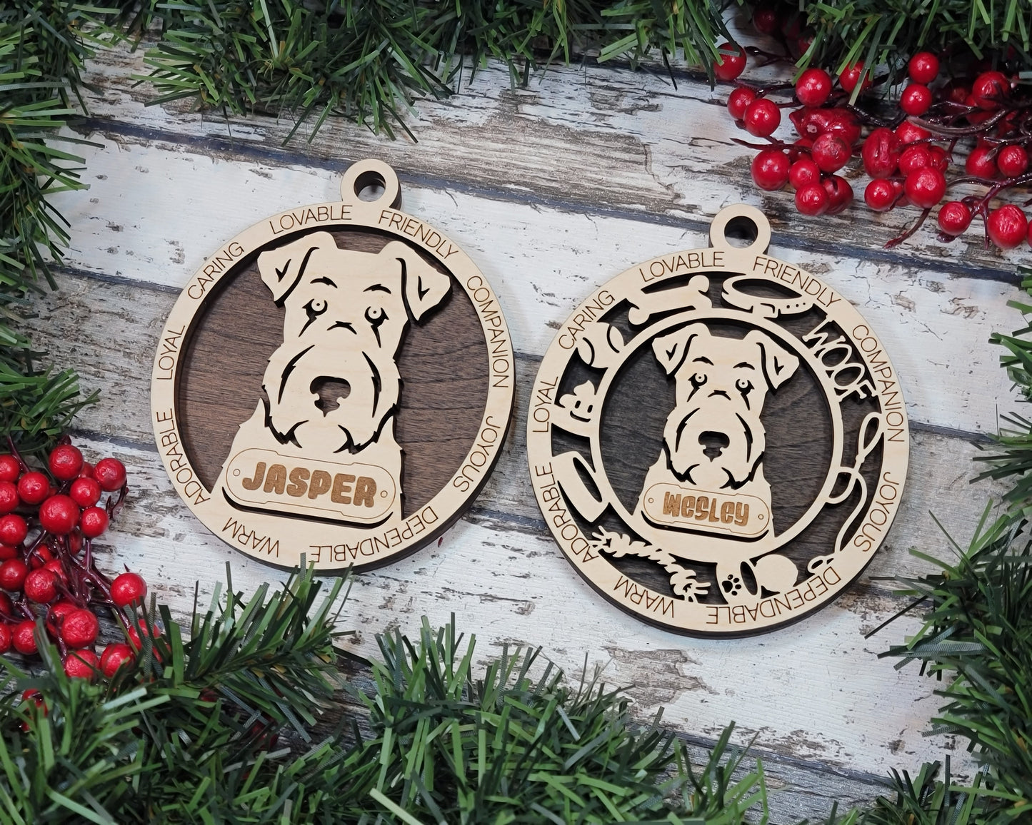 Personalized Airedale Terrier Dog Christmas Ornament, 3" Round, 2-Layer Laser Cut Wood, Customizable Name & Text, Handcrafted in USA, Choose Colorful Background, Perfect Holiday Gift!