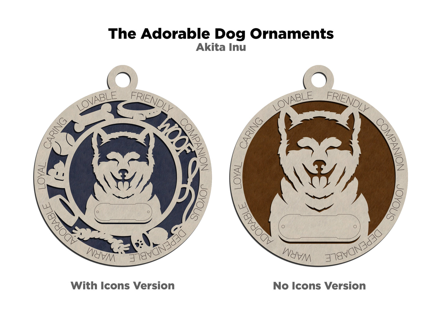 Personalized Akita Inu Dog Christmas Ornament - 3" Round, 2-Layer Laser Cut Wood - Customizable Name Tag & Text Border - Handcrafted in USA - Choose Painted Background or Print - Perfect Gift!