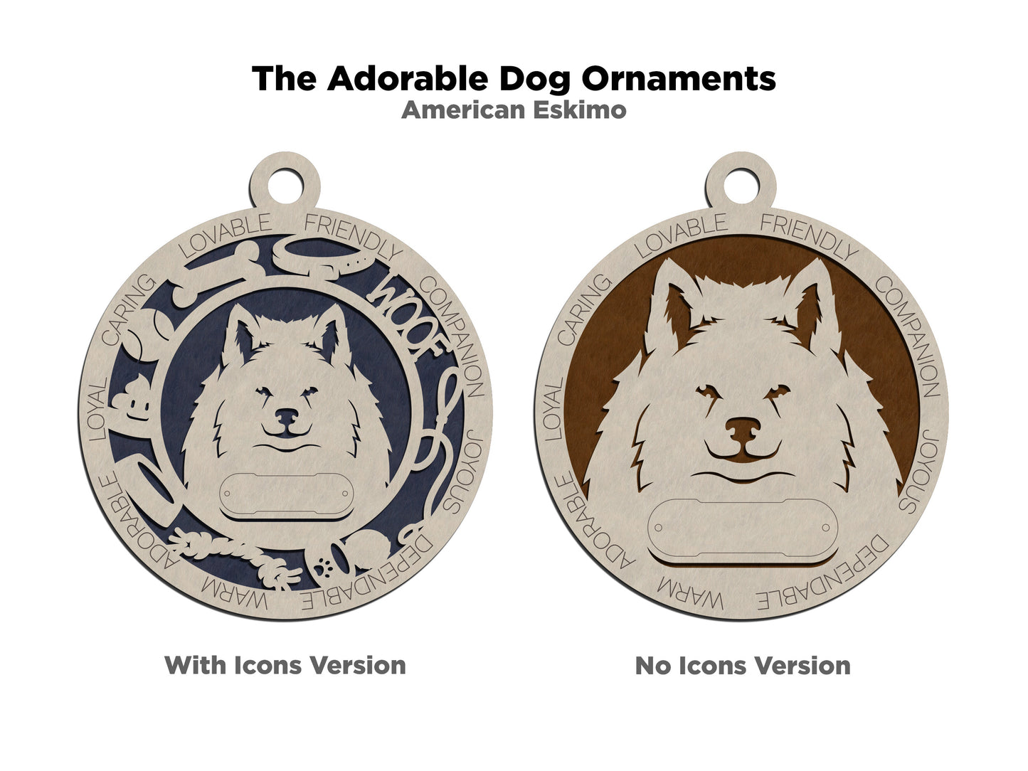 Personalized 3" Round Wooden Dog Christmas Ornament - American Eskimo Design - Customizable Name & Text - 2 Layer Laser Cut - Handcrafted in USA - Choose Background Color or Print - Perfect Gift!