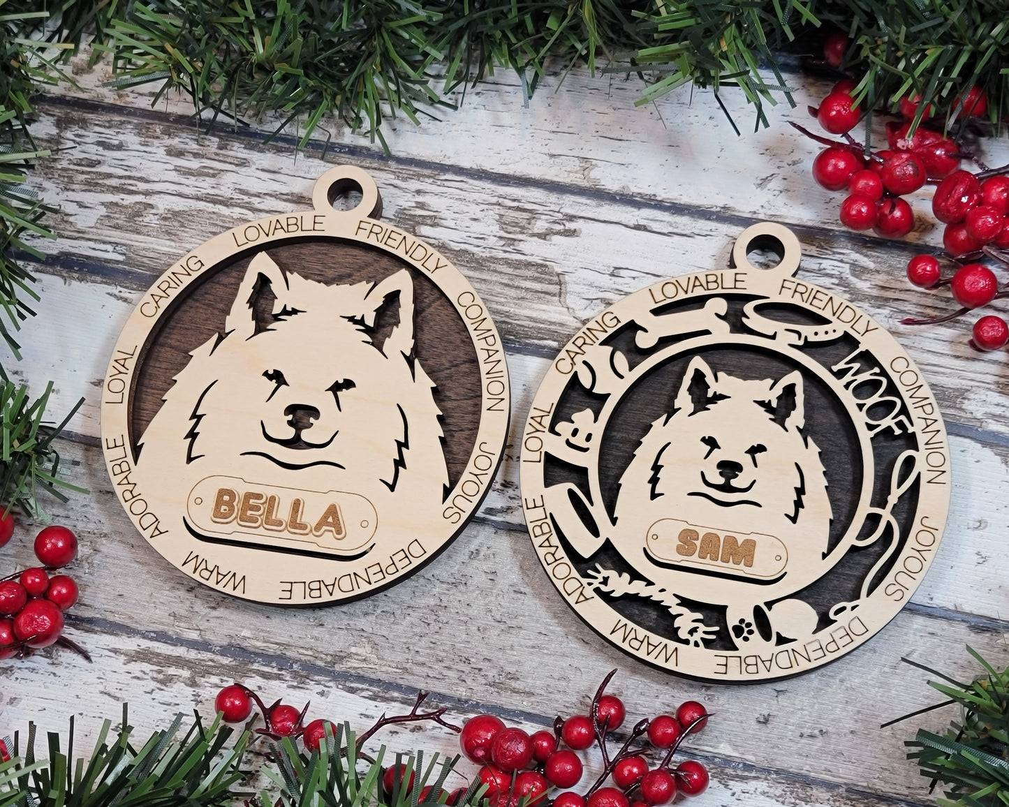 Personalized 3" Round Wooden Dog Christmas Ornament - American Eskimo Design - Customizable Name & Text - 2 Layer Laser Cut - Handcrafted in USA - Choose Background Color or Print - Perfect Gift!
