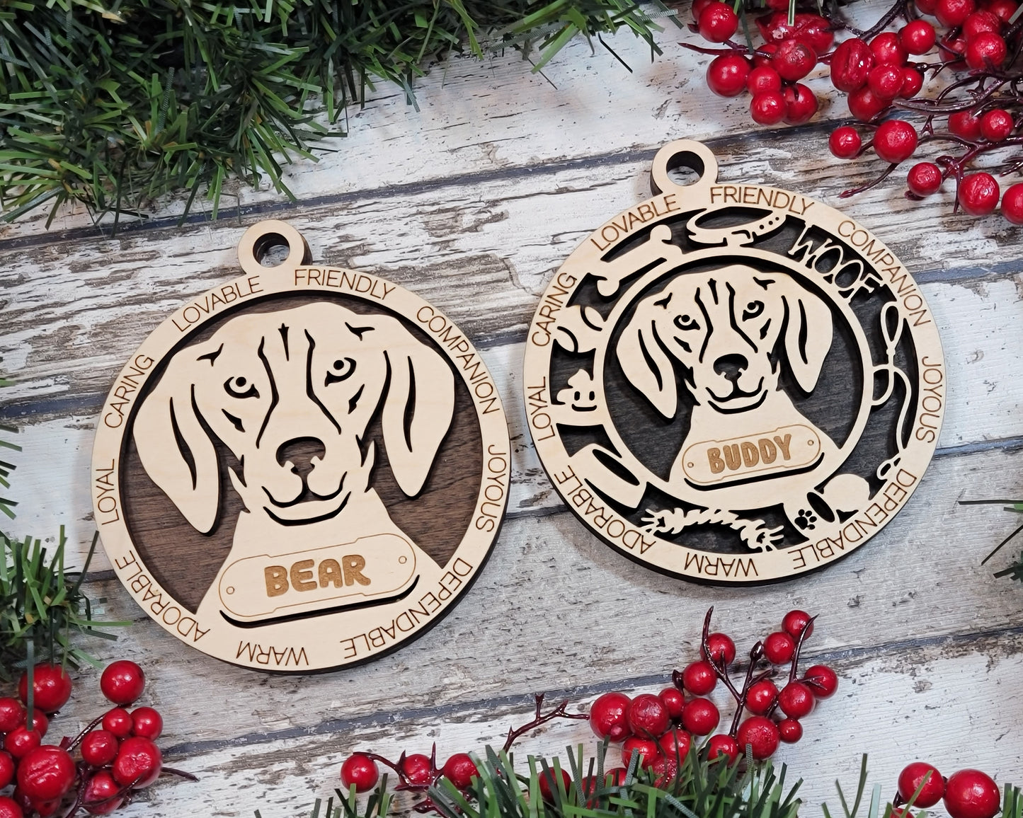 Personalized 3" Round Wooden Dog Christmas Ornament - American Foxhound Design - Customizable Name & Text - Handcrafted in USA - Choose Background Color - Perfect Holiday Gift for Pet Lovers