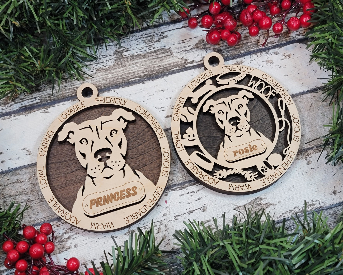 Personalized 3" Wooden Dog Christmas Ornament - Customizable Pit Bull Terrier Design with Uncropped Ears - Handcrafted in USA - Choose Background Color & Add Dog's Name - Perfect Holiday Gift!