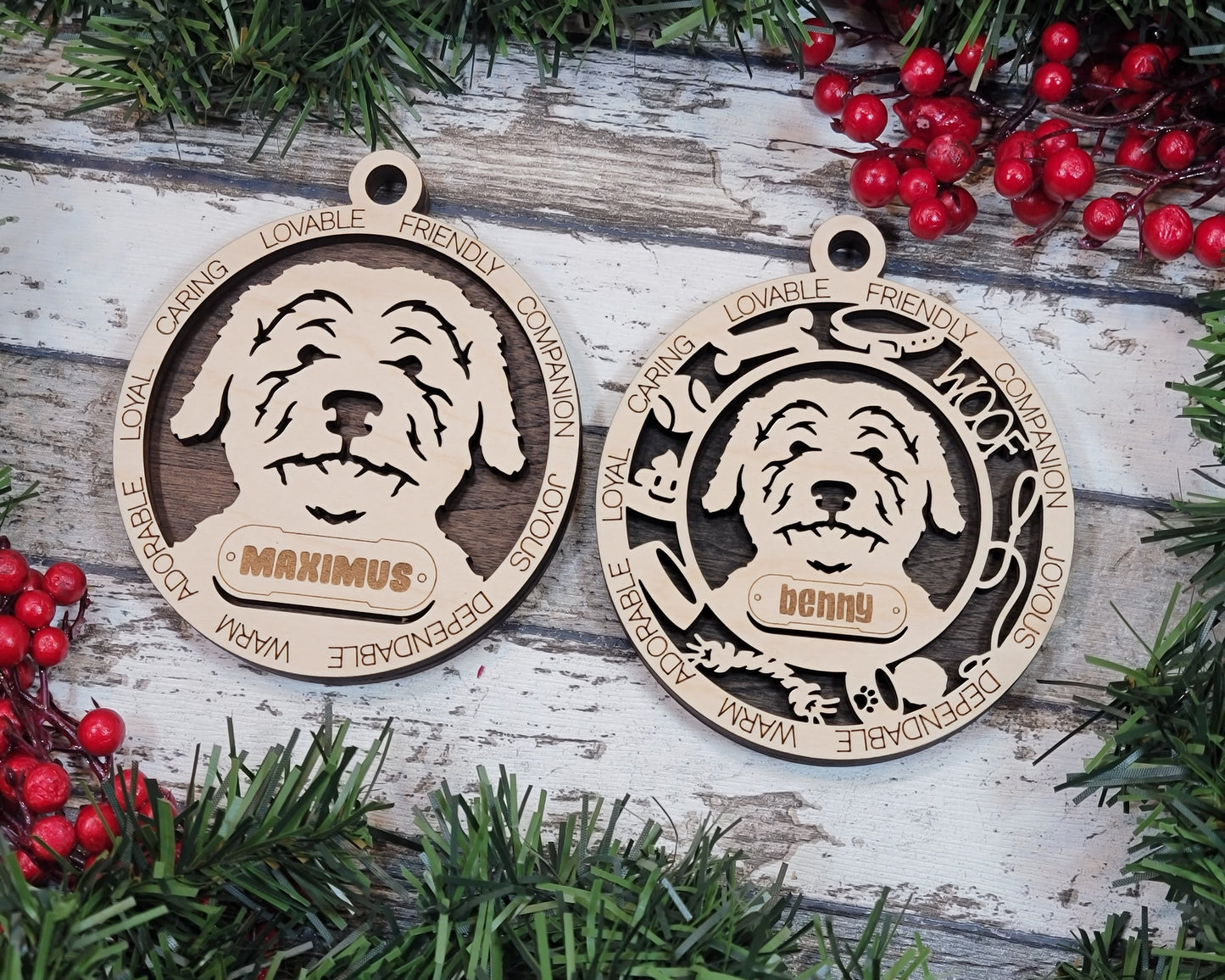 Personalized Aussie Doodle Dog Christmas Ornament, 3" Round Laser Cut, 2-Layer Wooden Design, Customizable Name Tag & Text, Handcrafted in USA, Choose Colorful Backgrounds, Perfect Holiday Gift