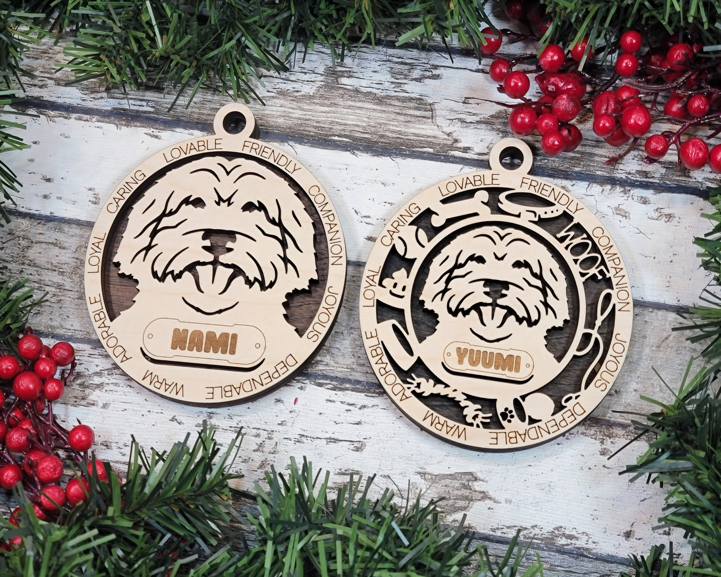 Personalized 3" Round Wooden Dog Christmas Ornament - Australian Labradoodle Design - Customizable Name & Text - 2 Layer Laser Cut - Natural Wood & Color Options - Handcrafted in USA - Perfect Gift