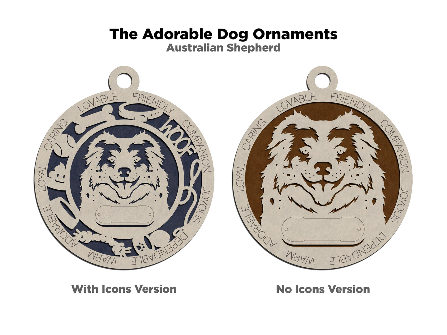Personalized 3" Round Wooden Dog Christmas Ornament - Australian Shepherd Design - Customizable Name & Text - 2 Layer Laser Cut - Handcrafted in USA - Choose Background Color or Print