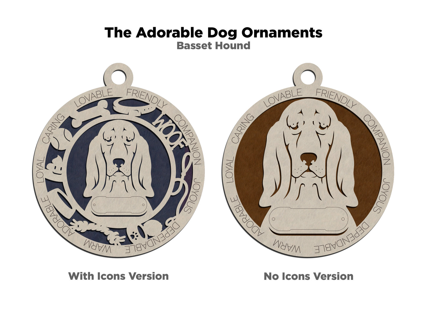 Personalized Basset Hound Dog Christmas Ornament, 3" Round Laser Cut, 2 Layer Wood Design, Customizable Name Tag & Text, Handcrafted in USA, Choose Background Color or Print, Perfect Gift!