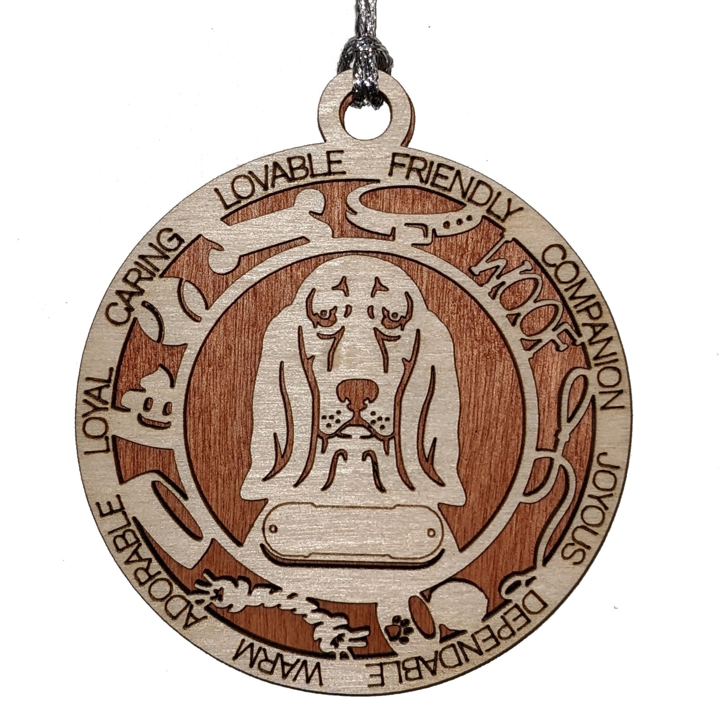 Personalized Basset Hound Dog Christmas Ornament, 3" Round Laser Cut, 2 Layer Wood Design, Customizable Name Tag & Text, Handcrafted in USA, Choose Background Color or Print, Perfect Gift!