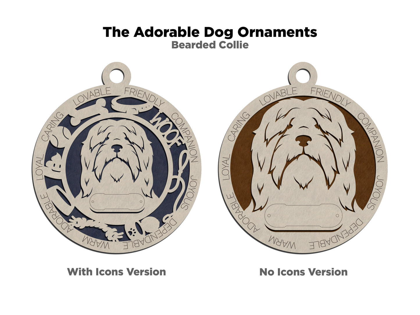 Personalized Bearded Collie Dog Christmas Ornament, 3" Round, 2-Layer Laser Cut Wood, Customizable Name Tag & Text, Handcrafted in USA, Choose Background Color/Print, Perfect Holiday Gift!
