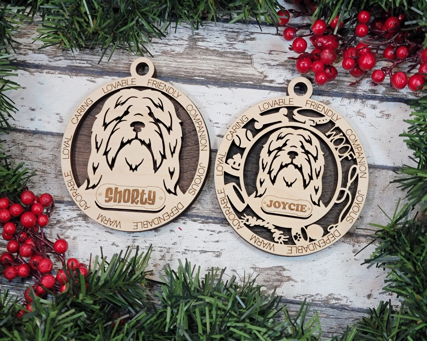 Personalized Bearded Collie Dog Christmas Ornament, 3" Round, 2-Layer Laser Cut Wood, Customizable Name Tag & Text, Handcrafted in USA, Choose Background Color/Print, Perfect Holiday Gift!