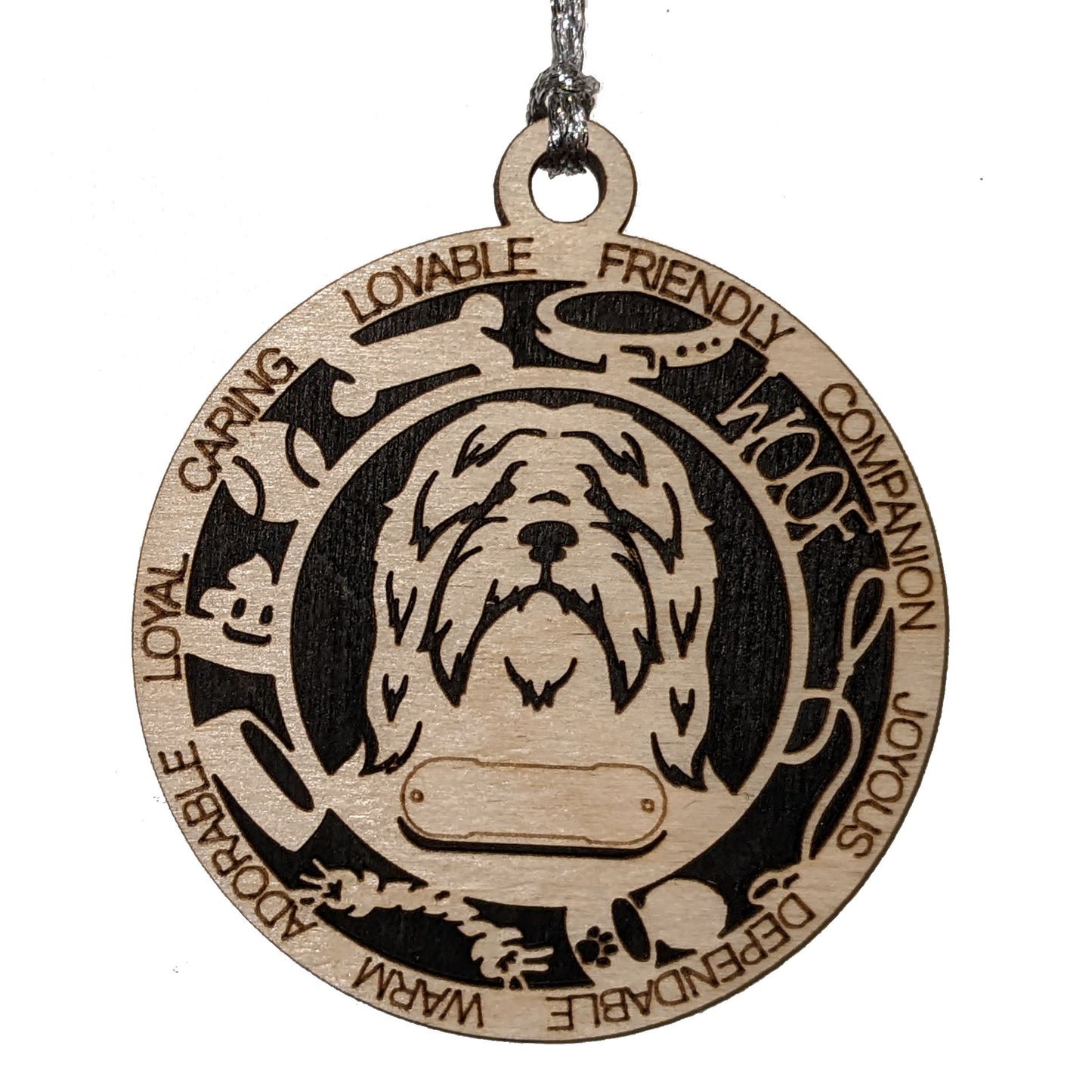 Personalized Bearded Collie Dog Christmas Ornament, 3" Round, 2-Layer Laser Cut Wood, Customizable Name Tag & Text, Handcrafted in USA, Choose Background Color/Print, Perfect Holiday Gift!