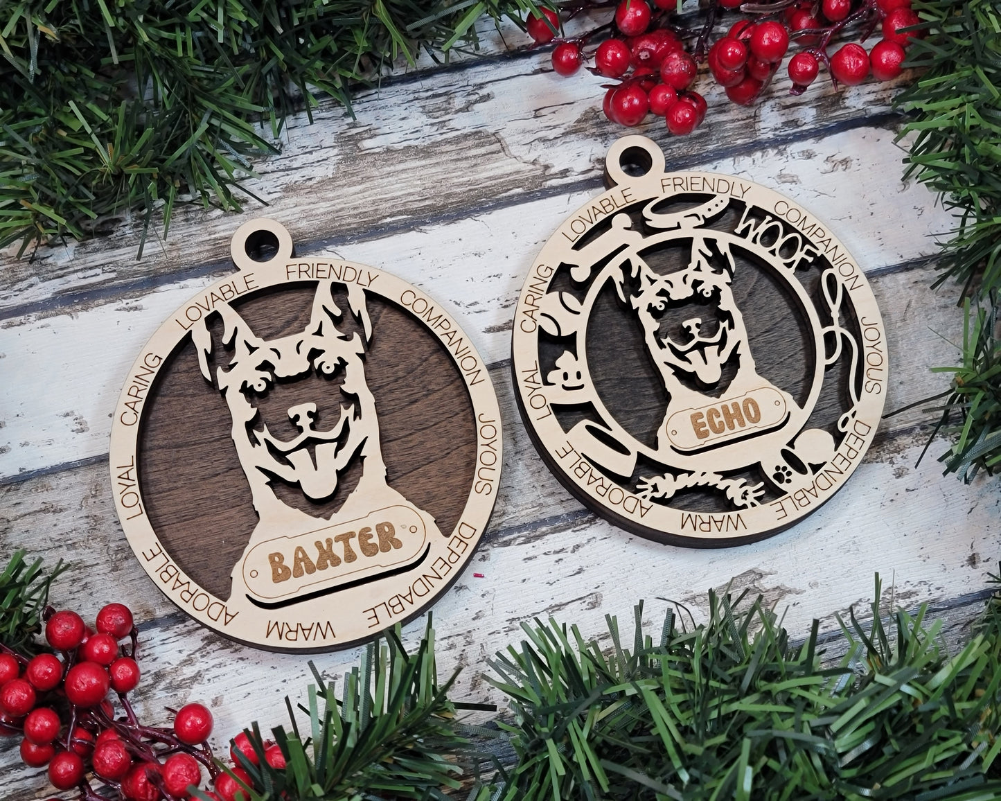 Personalized 3" Round Wooden Dog Christmas Ornament - Beauceron Design with Cropped Ears - Customizable Name & Text - Handcrafted in USA - Choose Colorful Background - Perfect Holiday Gift!