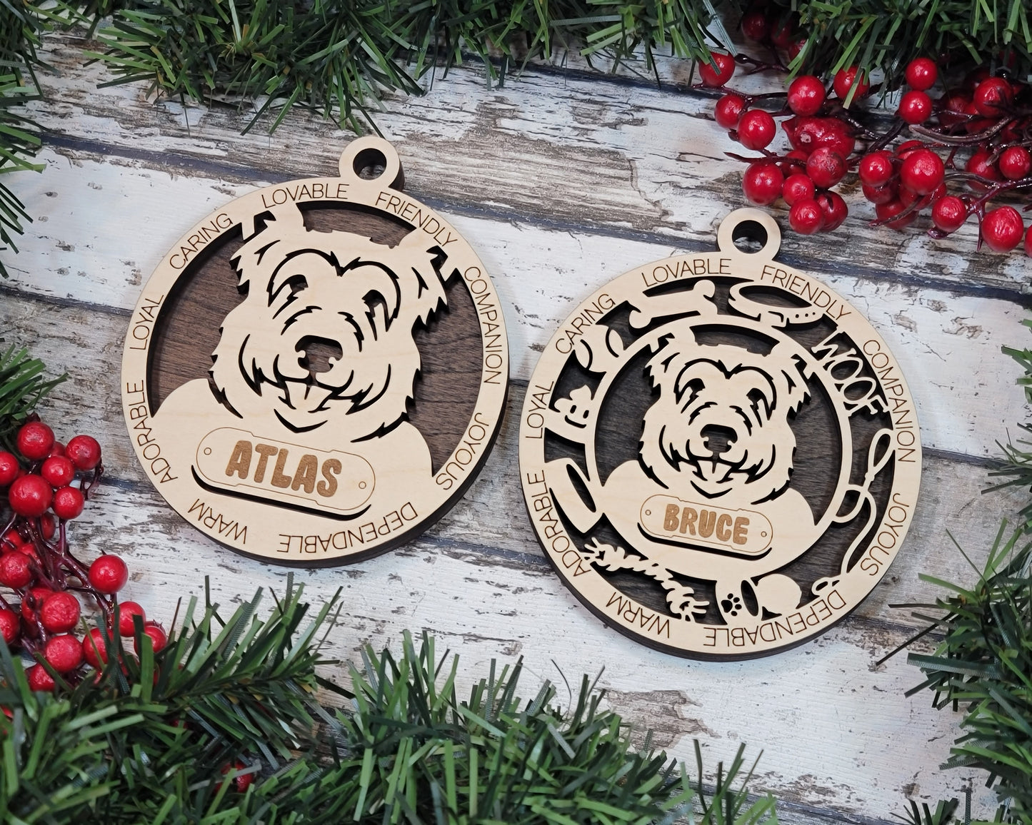 Personalized 3" Round Wooden Dog Christmas Ornament - Customizable Berger Picard Design - Handcrafted in USA - Choose Background Color - Add Dog's Name & Text - Perfect Holiday Gift!