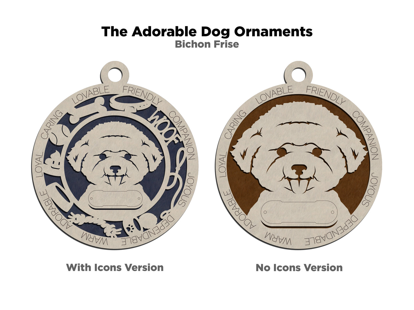 Personalized Bichon Frise Dog Christmas Ornament, 3" Round, 2-Layer Laser Cut Wood, Customizable Name Tag & Text, Handcrafted in USA, Choose Background Color/Print, Perfect Holiday Gift!