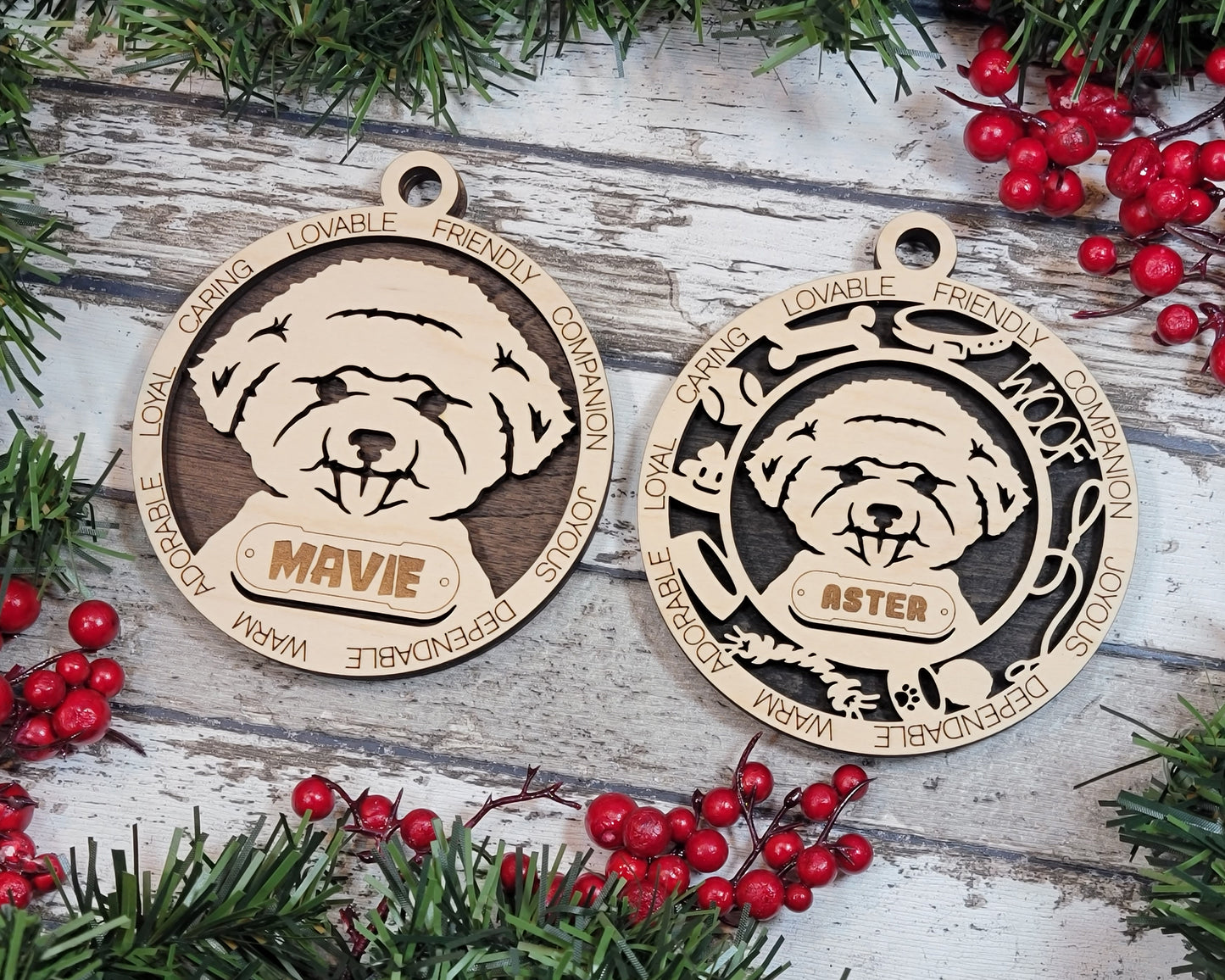 Personalized Bichon Frise Dog Christmas Ornament, 3" Round, 2-Layer Laser Cut Wood, Customizable Name Tag & Text, Handcrafted in USA, Choose Background Color/Print, Perfect Holiday Gift!