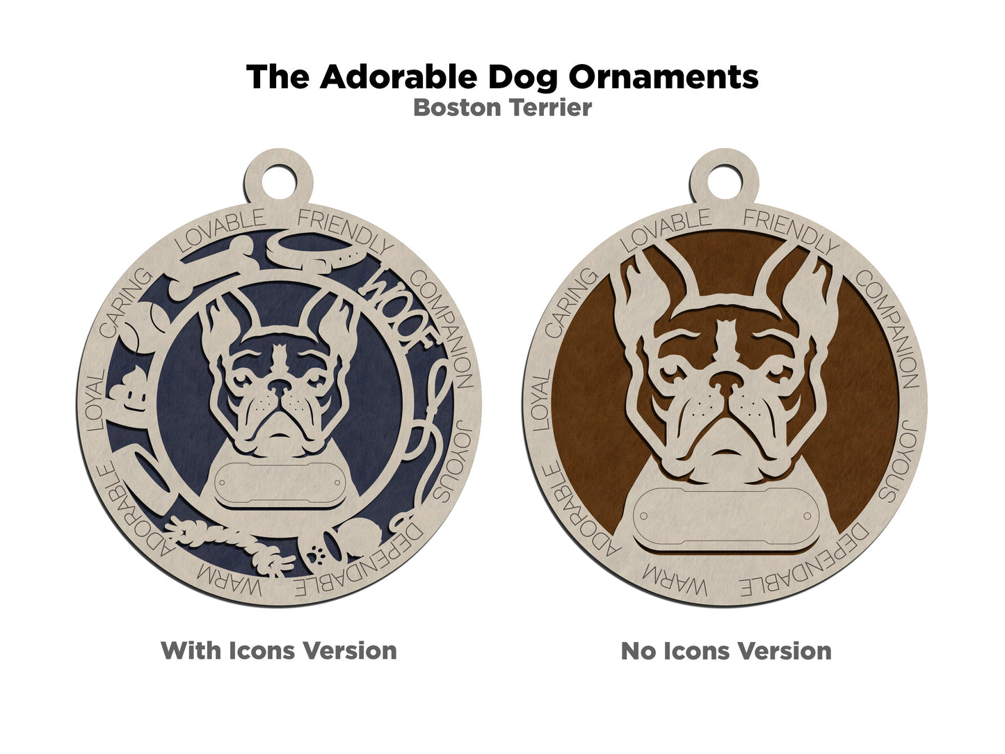Personalized Boston Terrier Dog Christmas Ornament, 3" Round, 2-Layer Laser Cut Wood, Customizable Name Tag & Text, Handcrafted in USA, Choose Background Color or Print, Perfect Holiday Gift!