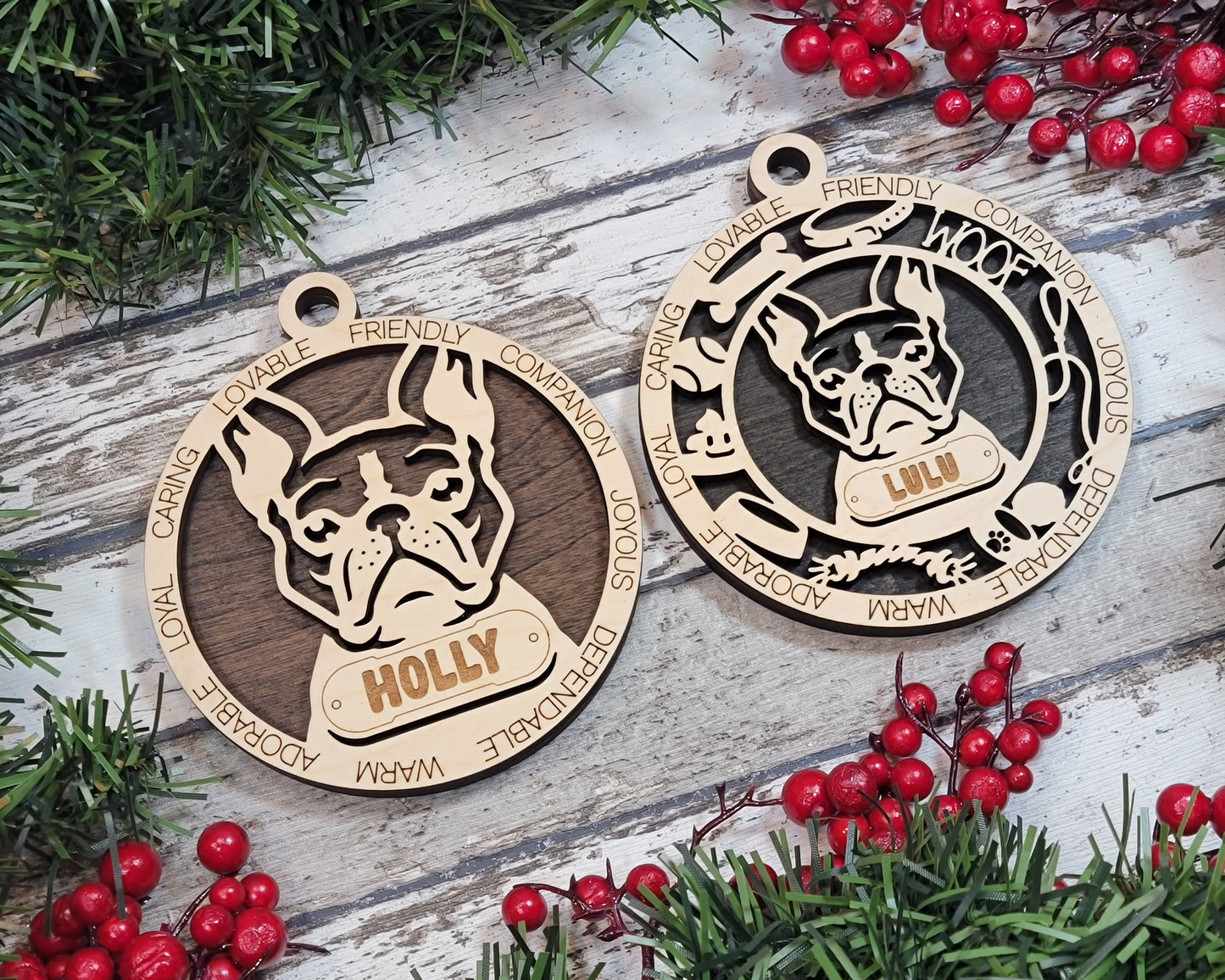 Personalized Boston Terrier Dog Christmas Ornament, 3" Round, 2-Layer Laser Cut Wood, Customizable Name Tag & Text, Handcrafted in USA, Choose Background Color or Print, Perfect Holiday Gift!