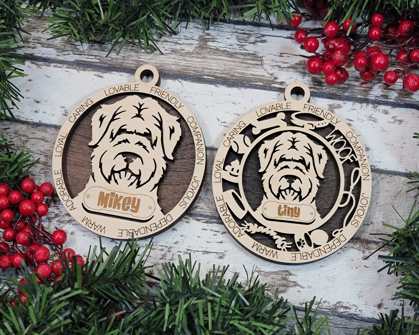 Personalized Bouvier Des Flanders Dog Christmas Ornament, 3" Round, 2-Layer Laser Cut Wood, Customizable Name Tag & Text, Handcrafted in USA, Choose Background Color/Print, Perfect Holiday Gift