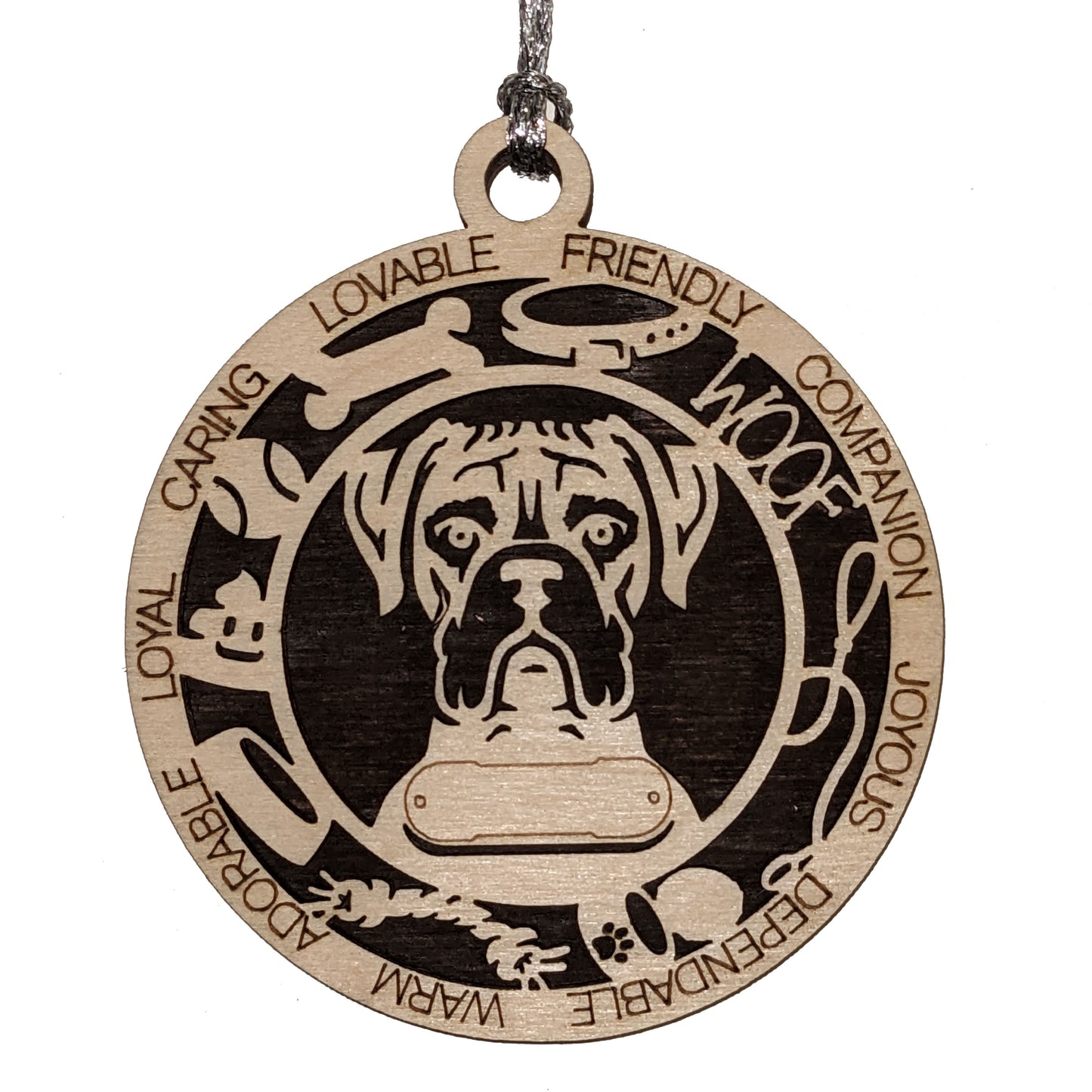 Personalized Boxer Dog Christmas Ornament - 3" Round, 2-Layer Laser Cut Wood - Customizable Name Tag & Text - Handcrafted in USA - Choose Colorful Backgrounds - Perfect Holiday Gift for Pet Lovers