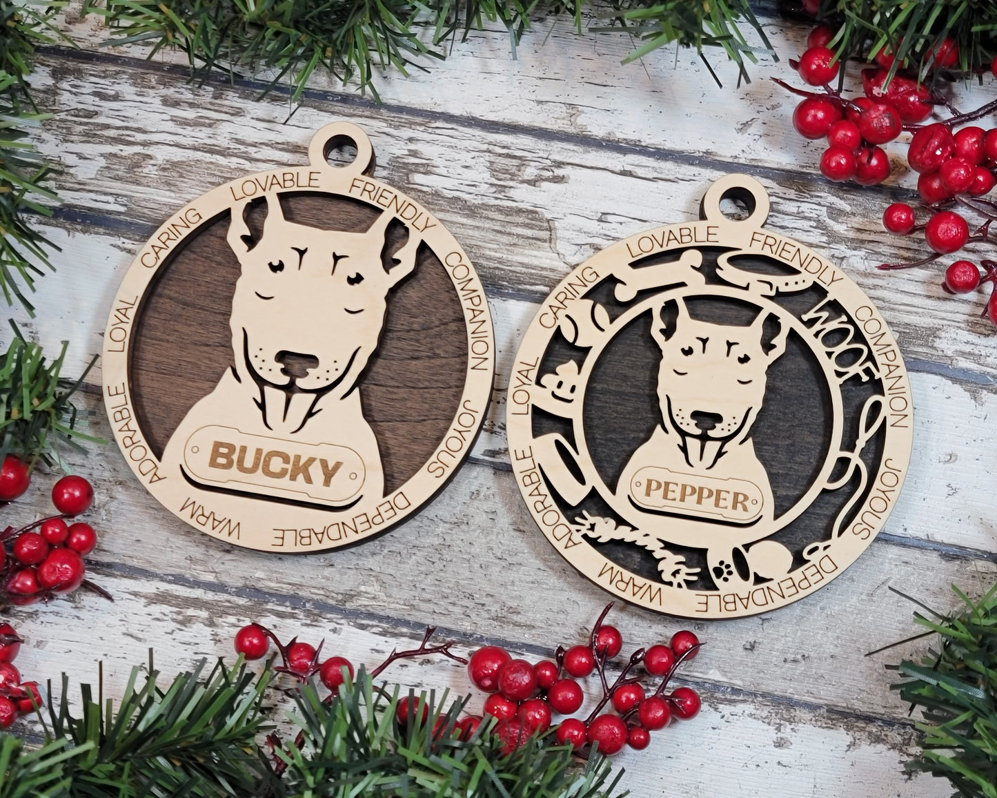 Personalized Bull Terrier Dog Christmas Ornament, 3" Round, 2-Layer Laser Cut Wood, Customizable Name Tag & Text, Handcrafted in USA, Choose Painted Background, Perfect Holiday Gift for Pet Lovers