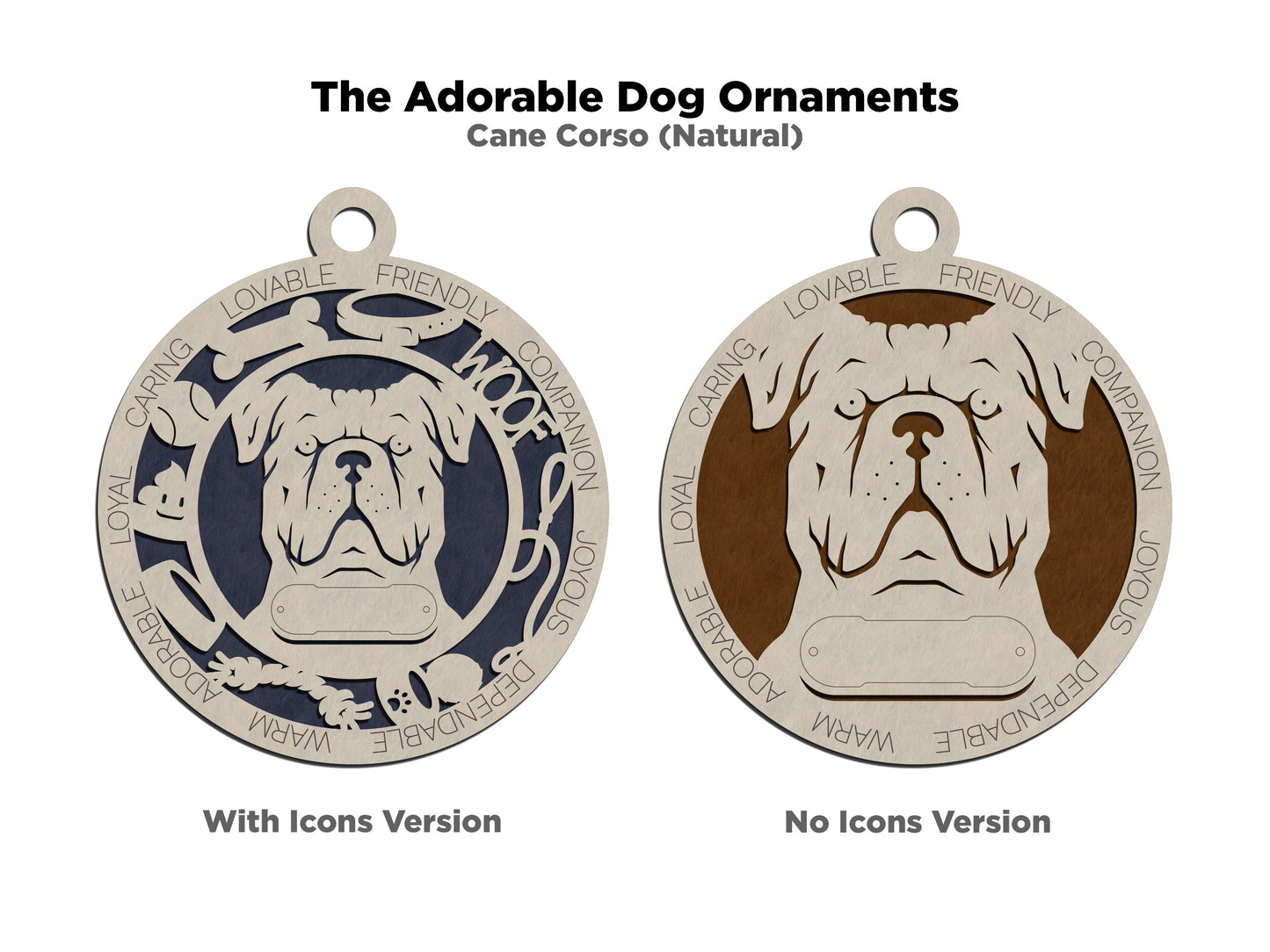 Personalized Cane Corso Dog Christmas Ornament, 3" Round, 2-Layer Laser Cut Wood, Customizable Name Tag & Text, Handcrafted in USA, Natural Wood & Colorful Background Options, Uncropped Ears Design