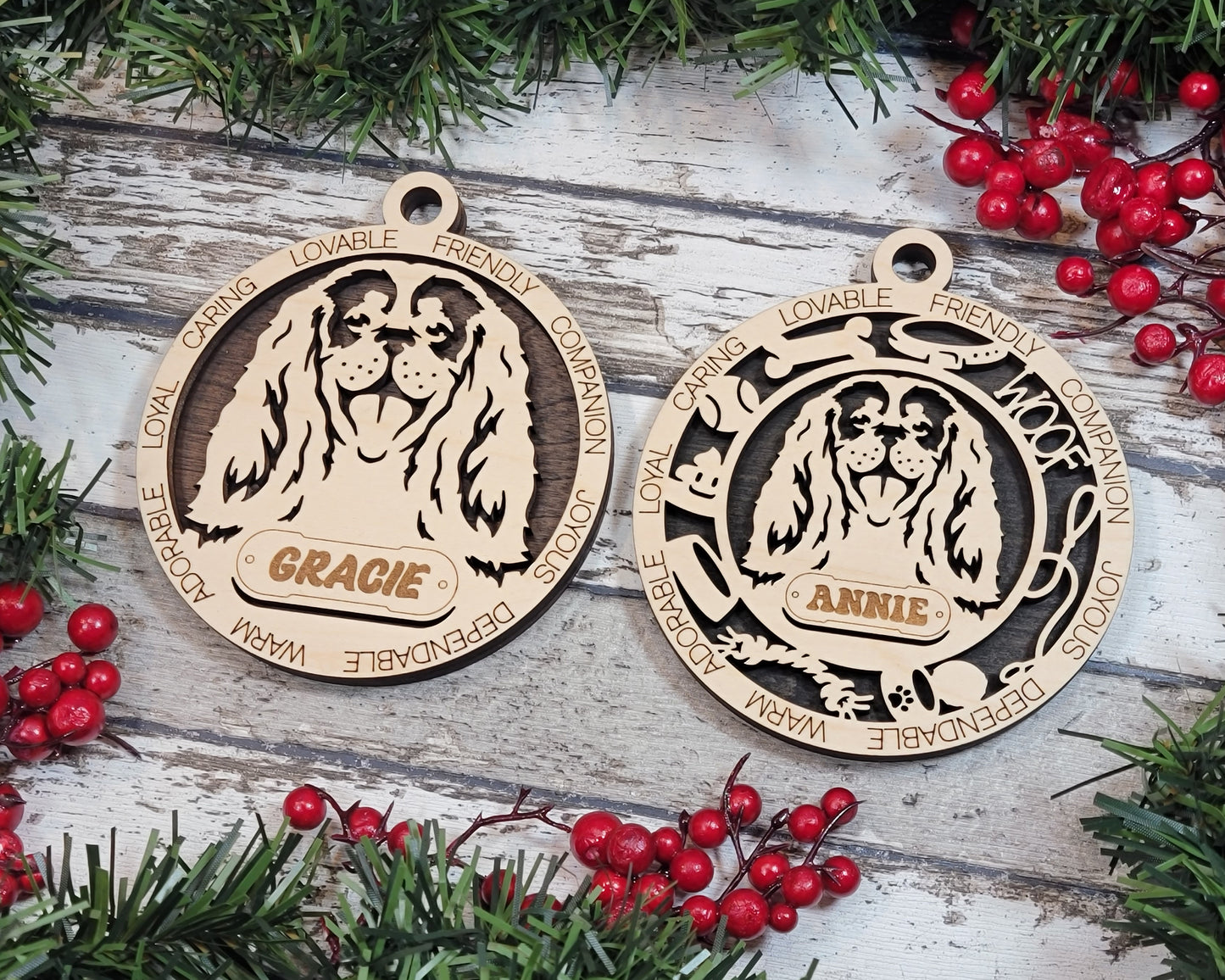 Personalized Cavalier King Charles Spaniel Dog Christmas Ornament, 3" Round, 2-Layer Laser Cut Wood, Customizable Name & Text, Handcrafted in USA, Choose Background Color, Perfect Holiday Gift