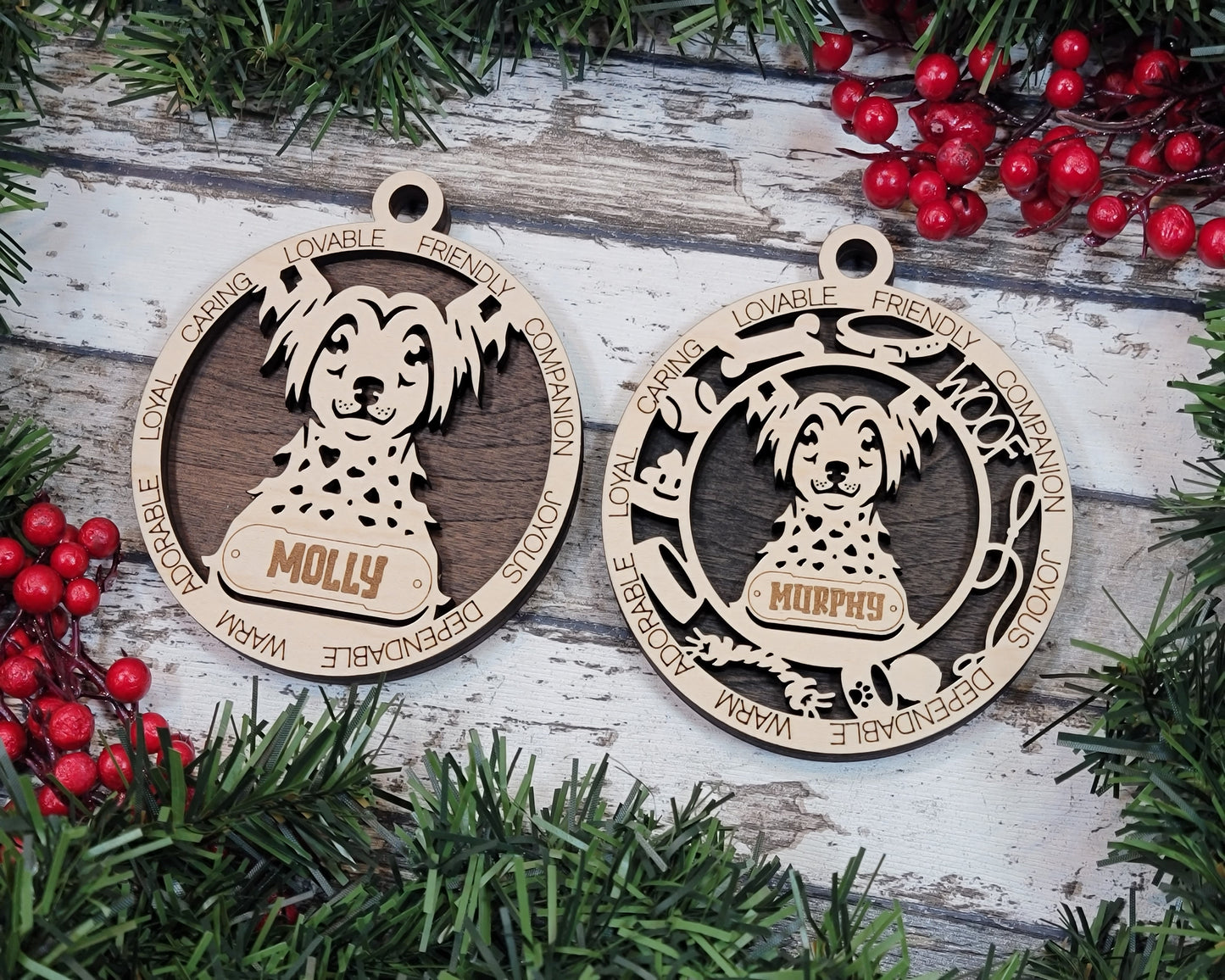 Personalized 3" Round Wooden Dog Christmas Ornament - Laser Cut, 2 Layer Design with Customizable Name Tag & Text - Chinese Crested Breed - Handcrafted in USA - Choose Colorful Backgrounds