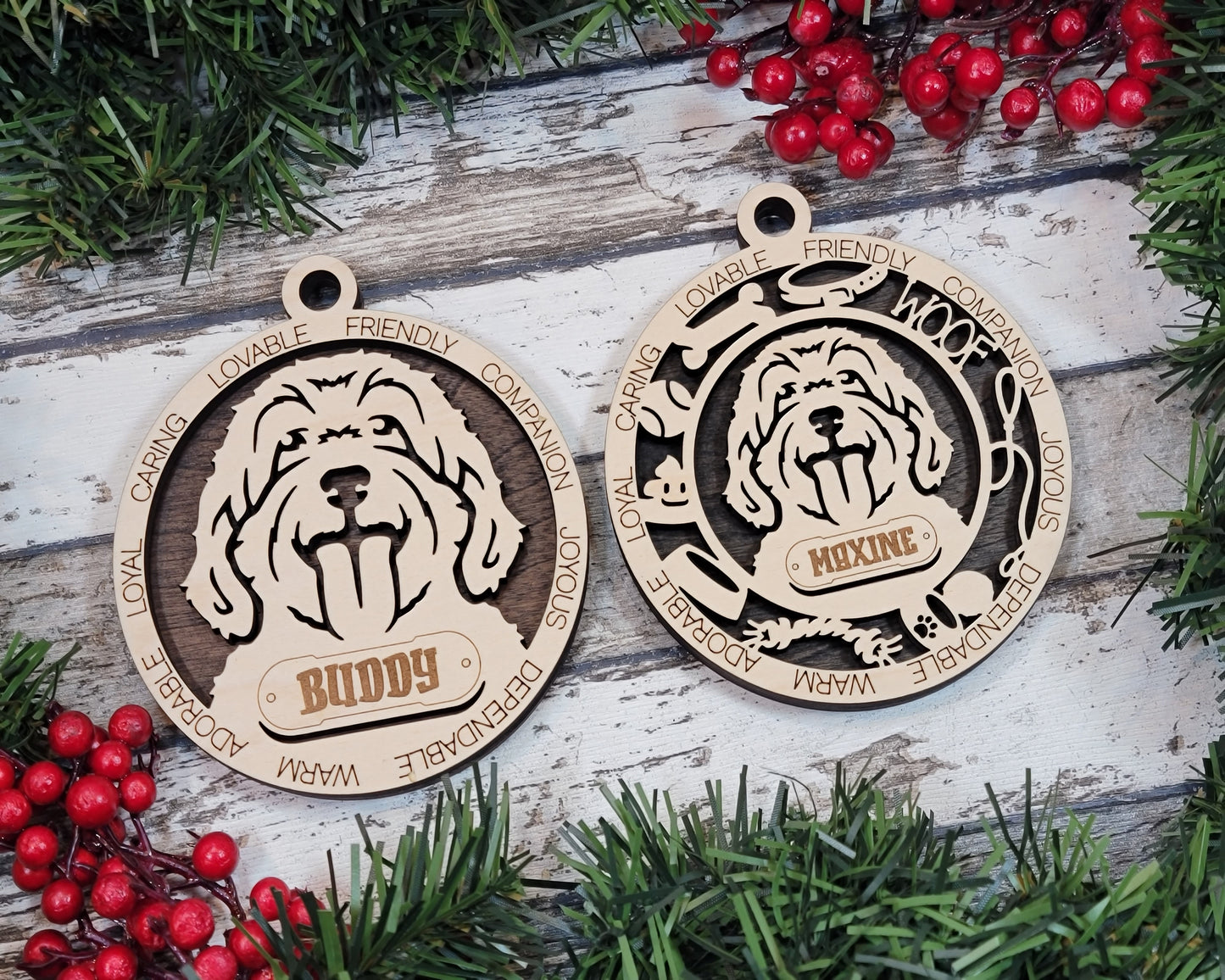 Personalized Cockapoo Dog Christmas Ornament, 3" Round Laser Cut, 2-Layer Wooden Design, Customizable Name Tag & Text, Handcrafted in USA, Choose Colorful Background, Perfect Holiday Gift!
