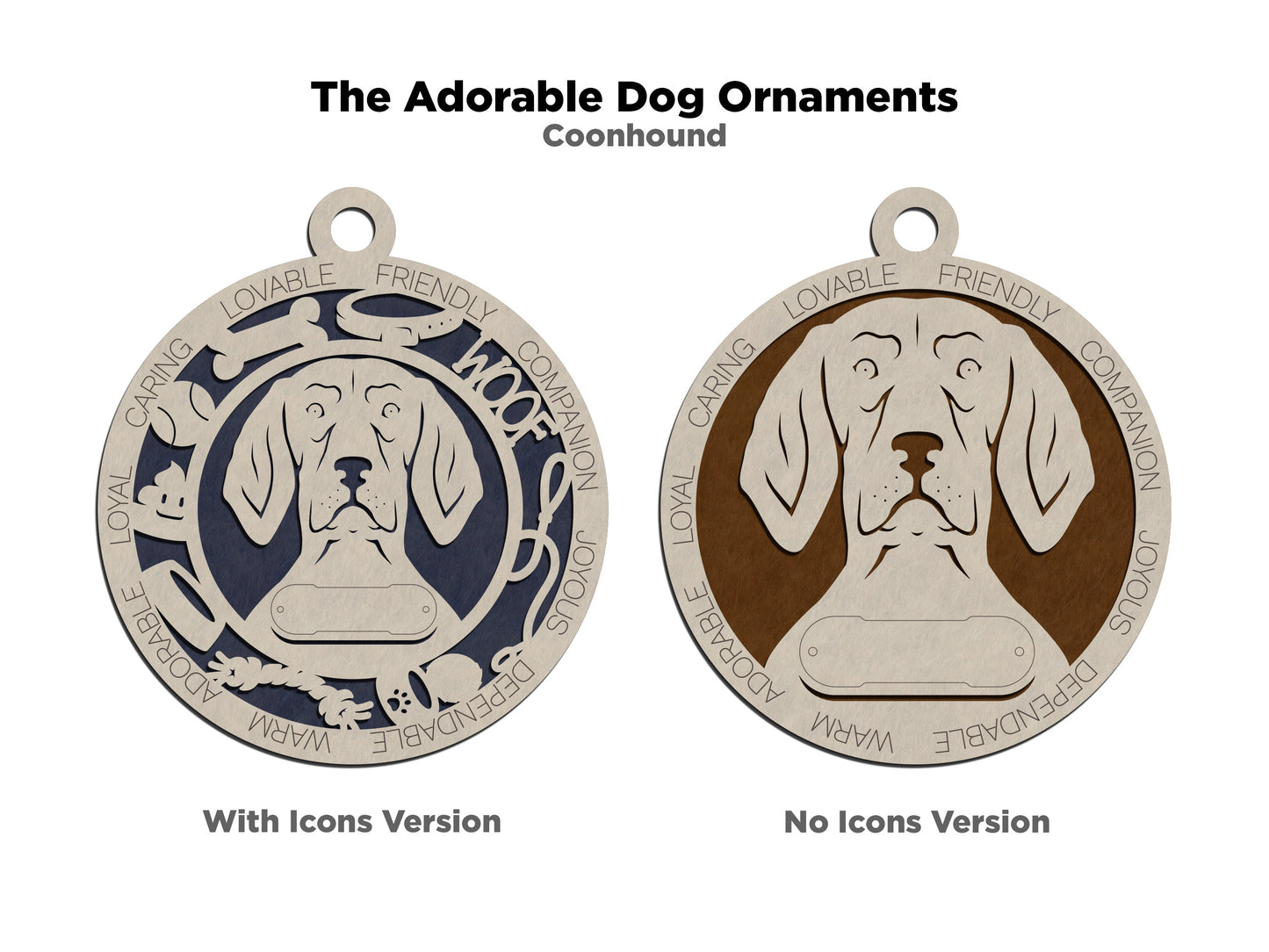 Personalized Coonhound Dog Christmas Ornament, 3" Round Laser Cut, 2-Layer Wooden Design, Customizable Name Tag & Text, Handcrafted in USA, Choose Colorful Background, Perfect Holiday Gift!