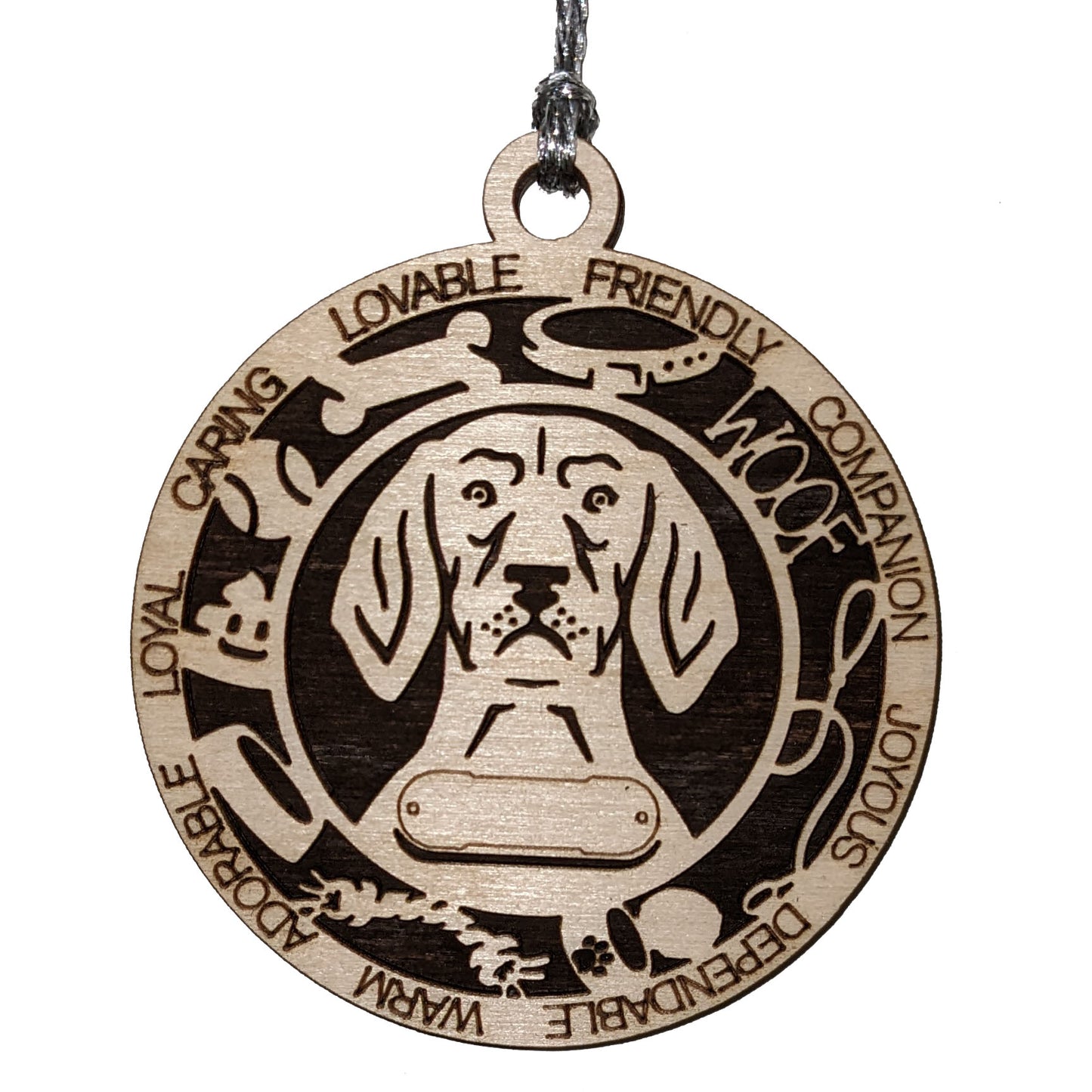 Personalized Coonhound Dog Christmas Ornament, 3" Round Laser Cut, 2-Layer Wooden Design, Customizable Name Tag & Text, Handcrafted in USA, Choose Colorful Background, Perfect Holiday Gift!