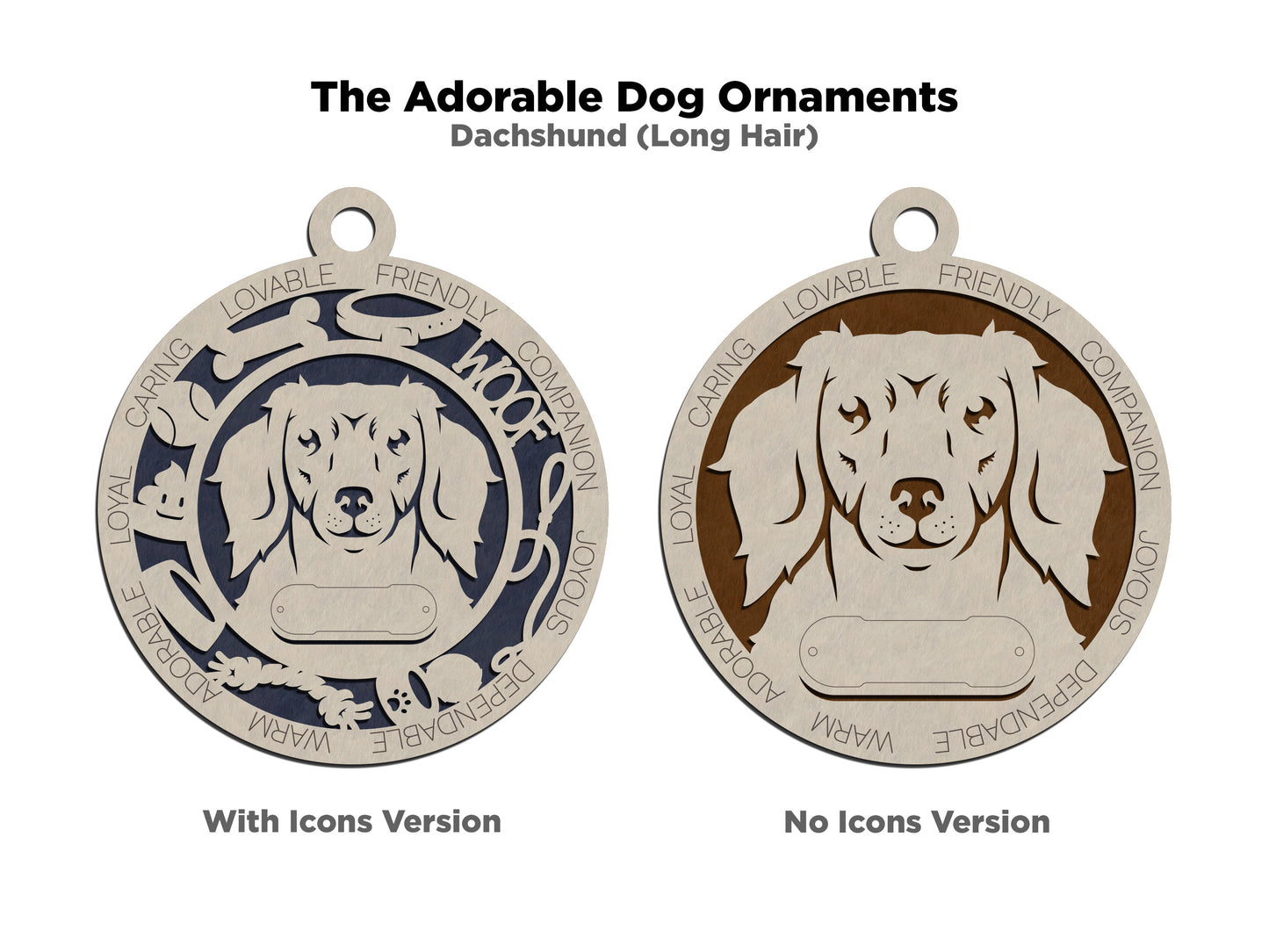 Personalized Long Hair Dachshund Christmas Ornament, 3" Round Laser Cut, 2-Layer Wooden Design, Custom Dog Name Tag, Handcrafted in USA, Choose Background Color, Add Your Own Text, Holiday Decor