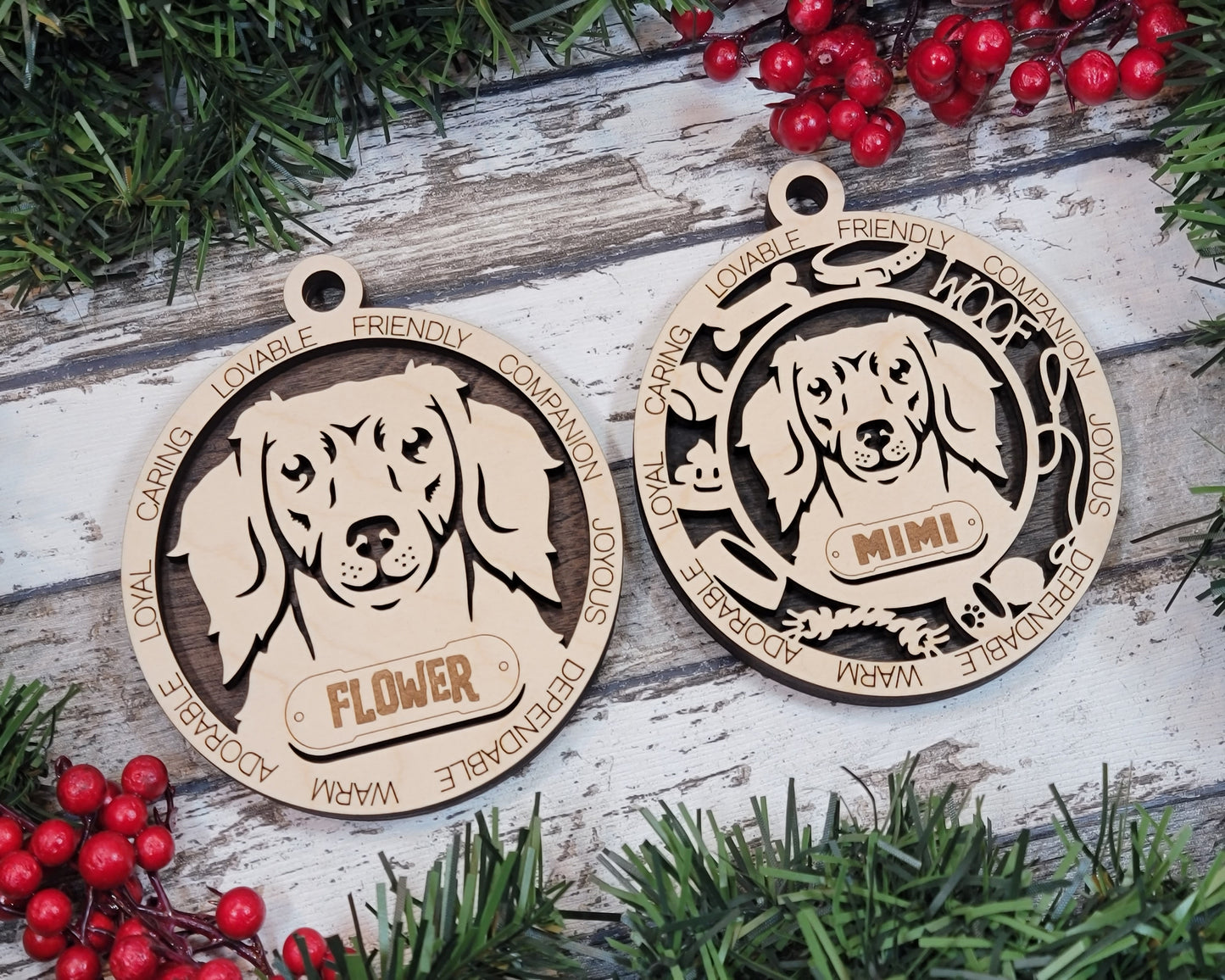 Personalized Long Hair Dachshund Christmas Ornament, 3" Round Laser Cut, 2-Layer Wooden Design, Custom Dog Name Tag, Handcrafted in USA, Choose Background Color, Add Your Own Text, Holiday Decor
