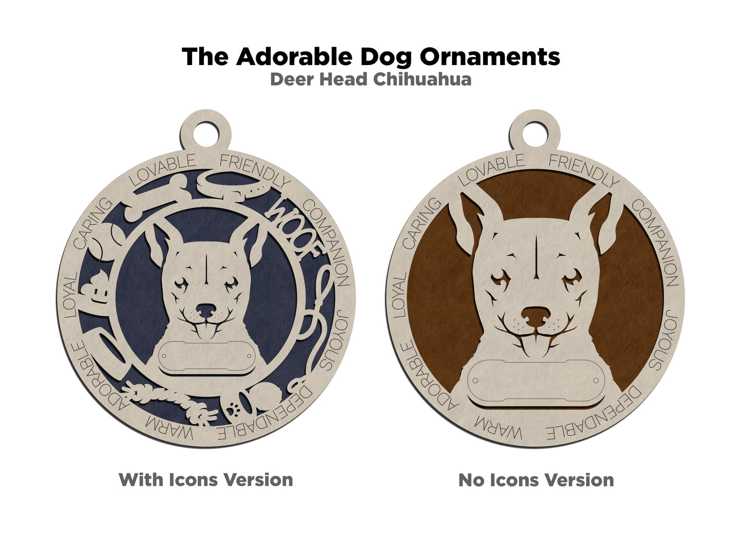Personalized 3" Round Wooden Dog Christmas Ornament - Deer Head Chihuahua Design - Customizable Name & Text - Handcrafted in USA - 2 Layer Laser Cut - Choose Background Color or Print