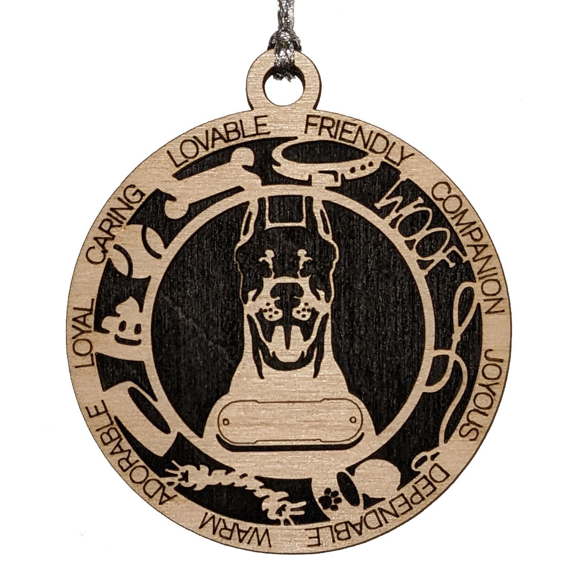 Personalized 3" Round Wooden Doberman Pinscher Christmas Ornament, Customizable Dog Name & Text, 2-Layer Laser Cut Design, Natural Wood & Color Options, Handcrafted in USA, Perfect Holiday Gift