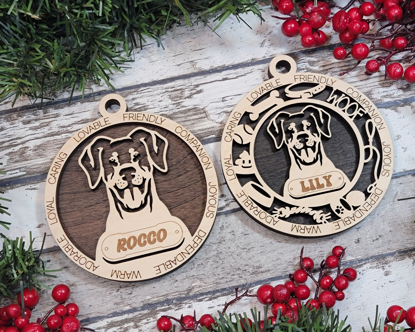 Personalized 3" Round Wooden Doberman Pinscher Christmas Ornament, Handcrafted in USA, Customizable Text & Dog Name, 2-Layer Design, Natural Wood & Colorful Background Options, Uncropped Ears