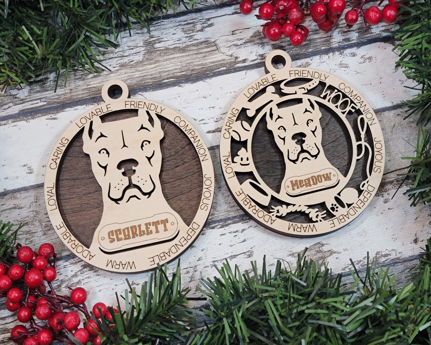 Personalized Dogo Argentino Christmas Ornament - 3" Round, 2-Layer Laser Cut Wood - Custom Dog Name & Text - Handcrafted in USA - Choose Background Color/Print - Perfect Holiday Gift for Dog Lovers
