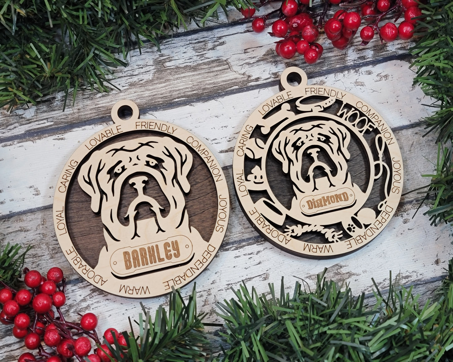 Personalized English Mastiff Dog Christmas Ornament, 3" Round, 2-Layer Laser Cut Wood, Customizable Name Tag & Text, Handcrafted in USA, Choose Background Color/Print, Perfect Holiday Gift!