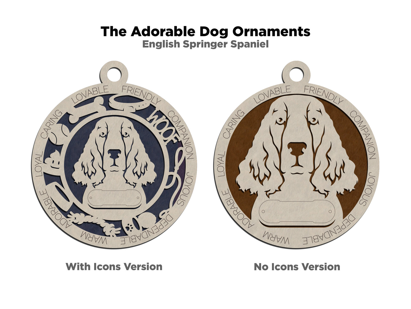 Personalized 3" Round Wooden Dog Christmas Ornament - English Springer Spaniel Design - Customizable Name & Text - Handcrafted in USA - 2 Layer Laser Cut - Choose Background Color or Print