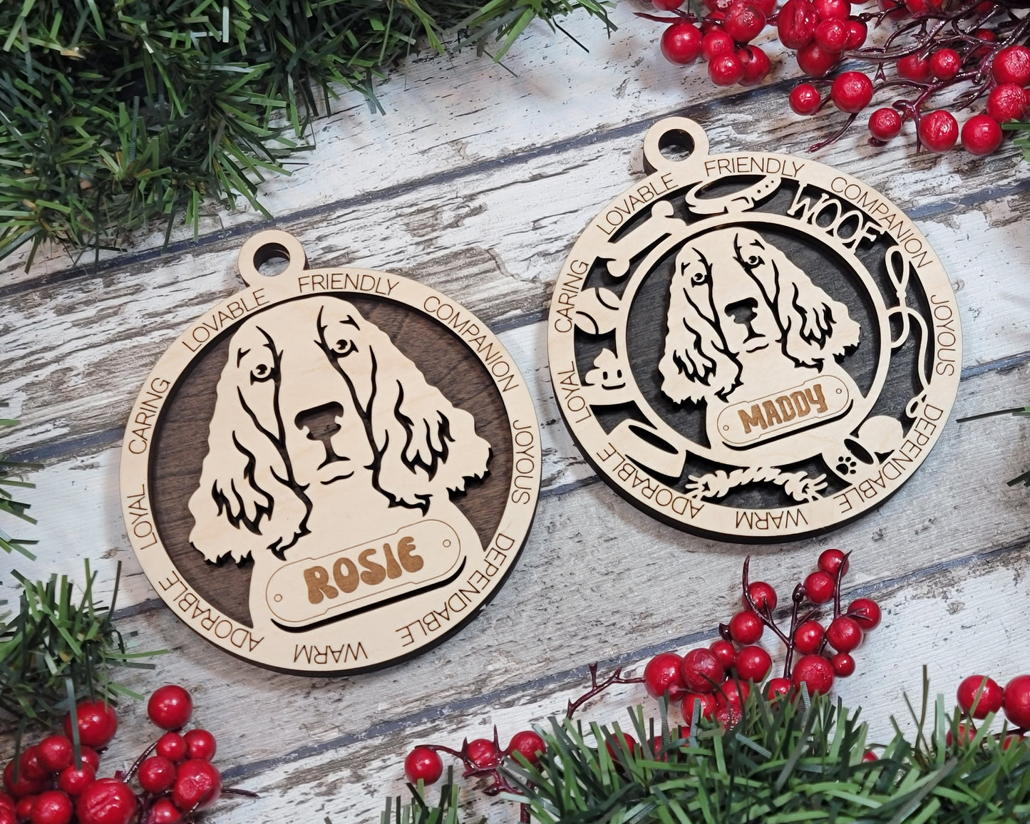 Personalized 3" Round Wooden Dog Christmas Ornament - English Springer Spaniel Design - Customizable Name & Text - Handcrafted in USA - 2 Layer Laser Cut - Choose Background Color or Print