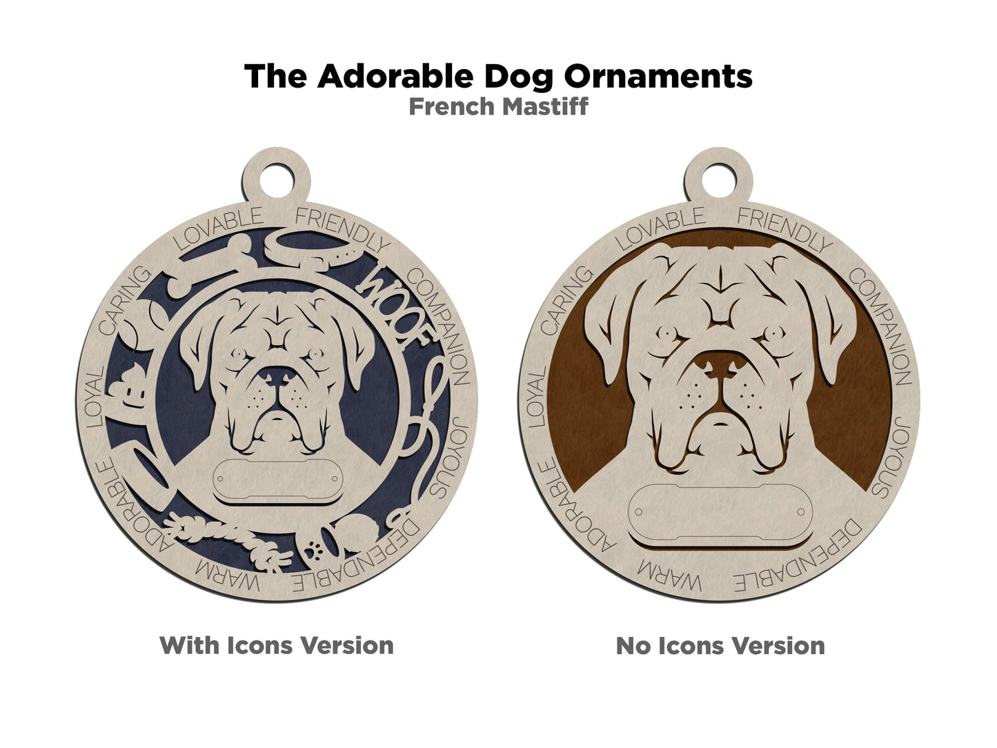 Personalized 3" Round Wooden Dog Christmas Ornament - French Mastiff Design - Customizable Name & Text - 2 Layer Laser Cut - Natural Wood & Color Options - Handcrafted in USA - Perfect Gift!
