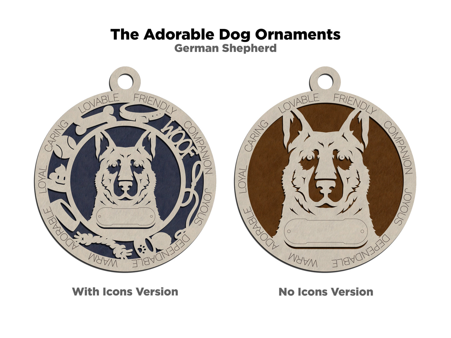 Personalized German Shepherd Dog Christmas Ornament, 3" Round Laser Cut, 2 Layer Wooden Design, Customizable Name Tag & Text, Handcrafted in USA, Choose Background Color or Print, Perfect Gift!