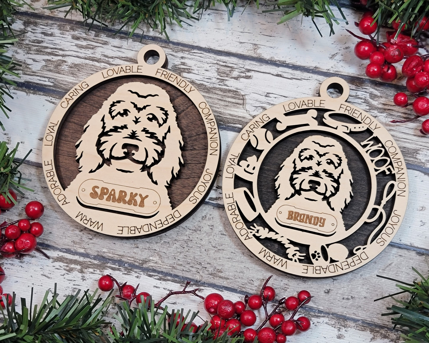 Personalized Golden Doodle Dog Christmas Ornament, 3" Round, 2-Layer Laser Cut Wood, Customizable Name Tag & Text, Handcrafted in USA, Choose Background Color/Print, Perfect Holiday Gift!