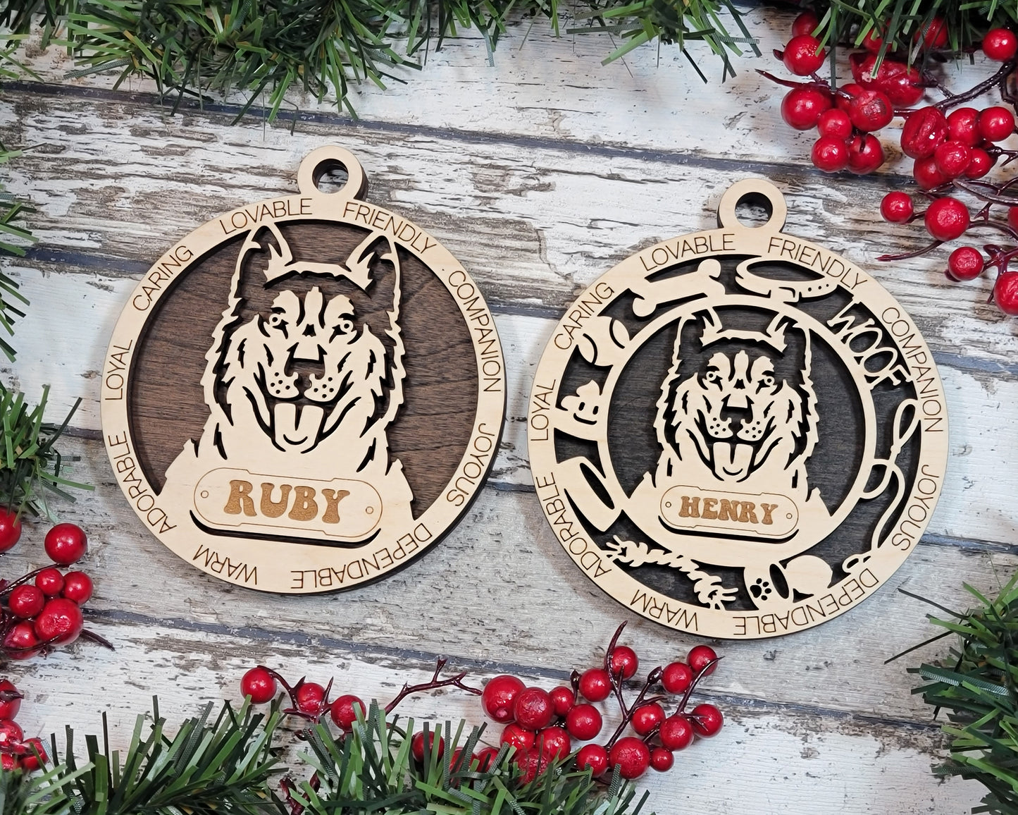 Personalized Husky Dog Christmas Ornament, 3" Round, 2-Layer Laser Cut Wood, Customizable Name & Text, Handcrafted in USA, Natural Wood Top, Choice of Colored Background, Perfect Holiday Gift!
