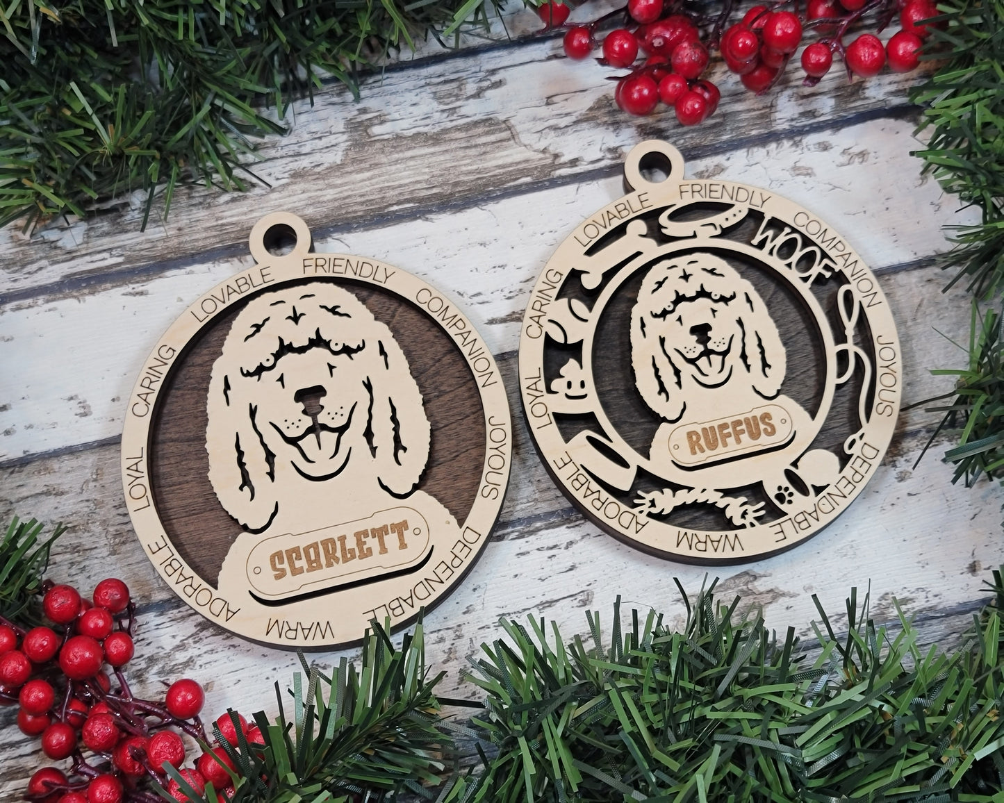 Personalized Irish Water Spaniel Dog Christmas Ornament, 3" Round, 2-Layer Laser Cut Wood, Customizable Name Tag & Text, Handcrafted in USA, Choose Background Color or Print, Perfect Gift!