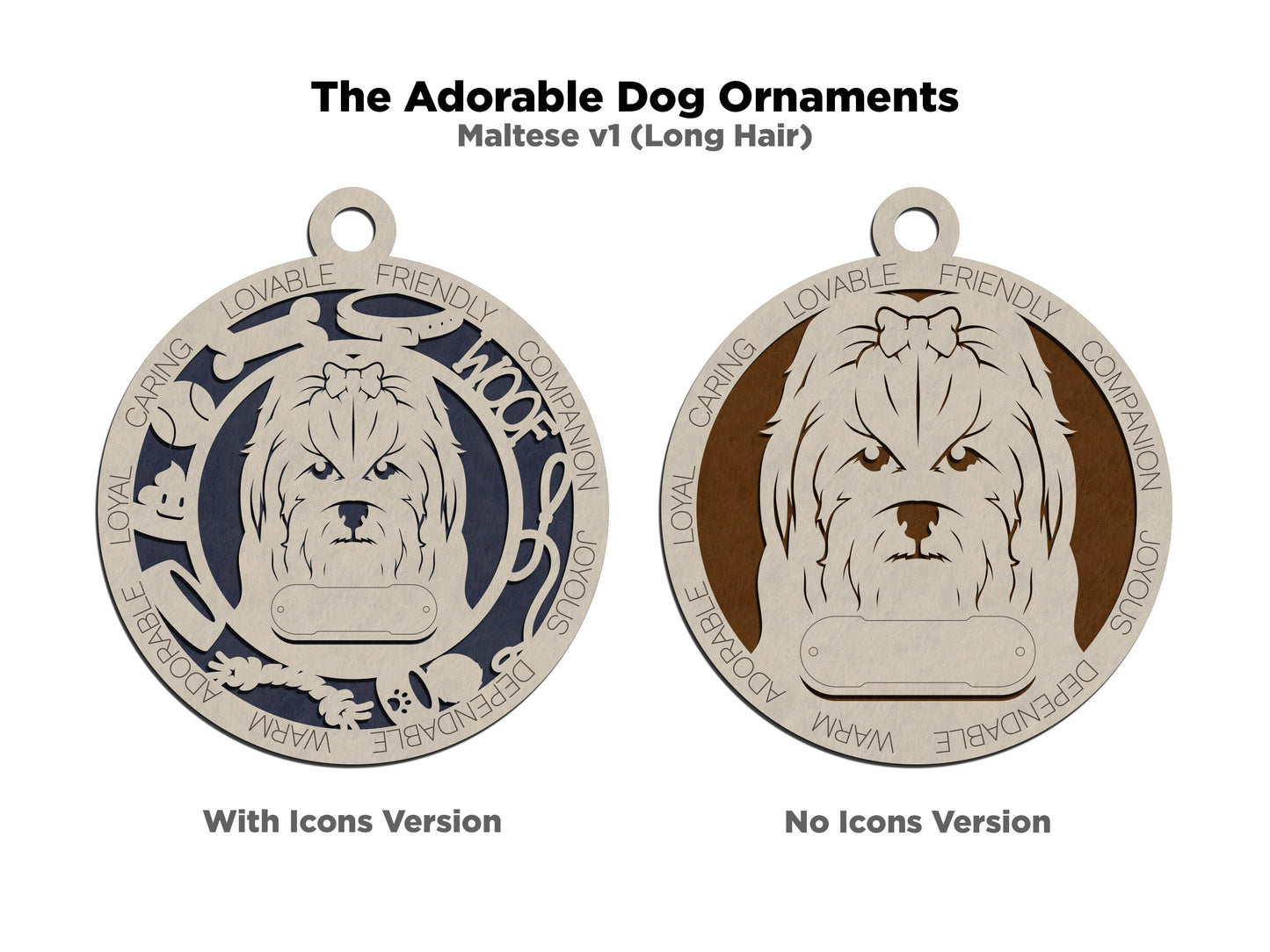 Personalized 3" Round Wooden Long Hair Maltese Dog Christmas Ornament, 2 Layer Laser Cut, Customizable Name Tag & Text, Handcrafted in USA, Natural Wood & Colored Background Options, Pet Lover Gift