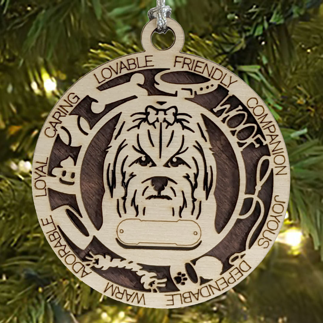 Personalized 3" Round Wooden Long Hair Maltese Dog Christmas Ornament, 2 Layer Laser Cut, Customizable Name Tag & Text, Handcrafted in USA, Natural Wood & Colored Background Options, Pet Lover Gift