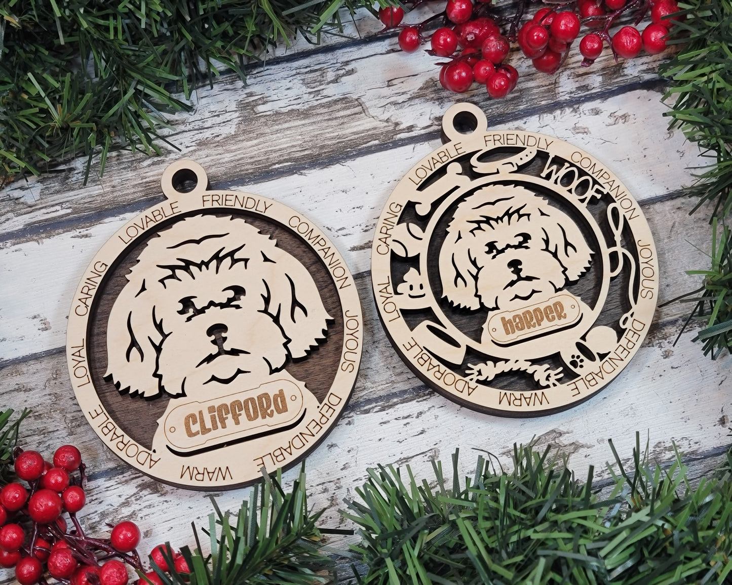 Personalized 3" Round Wooden Maltipoo Dog Christmas Ornament, 2-Layer Laser Cut Design, Customizable Name Tag & Text, Handcrafted in USA, Choose Background Color or Print, Perfect Holiday Gift