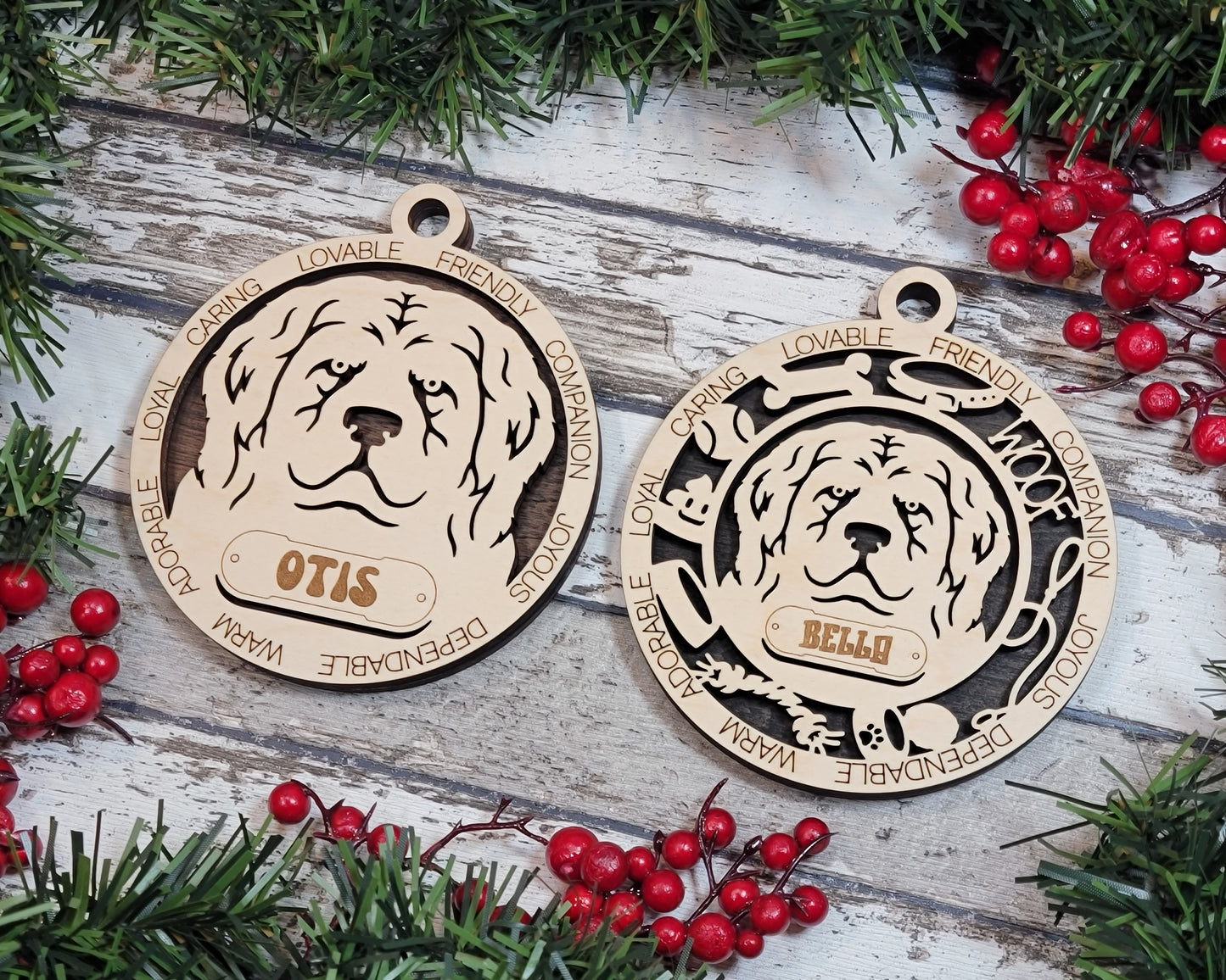 Personalized 3" Round Wooden Newfoundland Dog Christmas Ornament, 2-Layer Laser Cut Design, Customizable Name Tag & Text, Handcrafted in USA, Choose Colorful Backgrounds, Perfect Holiday Gift!